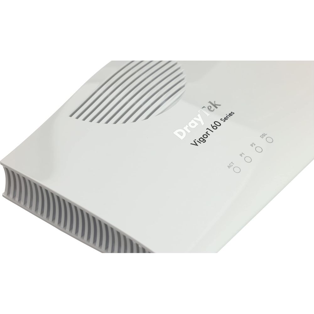Weißer DrayTek Vigor 160 Series Router mit Lüftungsschlitzen und Anzeigeleuchten ACT, P1, P2, DSL.