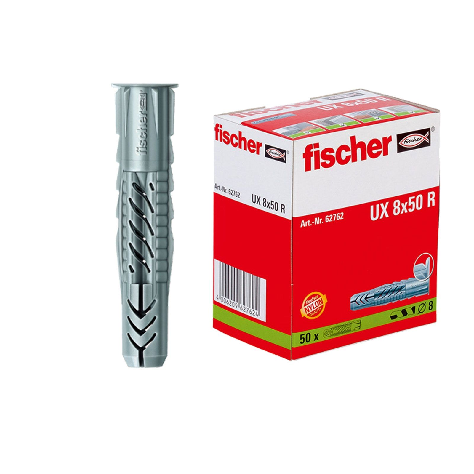 Ein grauer Dübel und eine rote Fischer UX 8x50 R Schachtel mit 50 Stück.