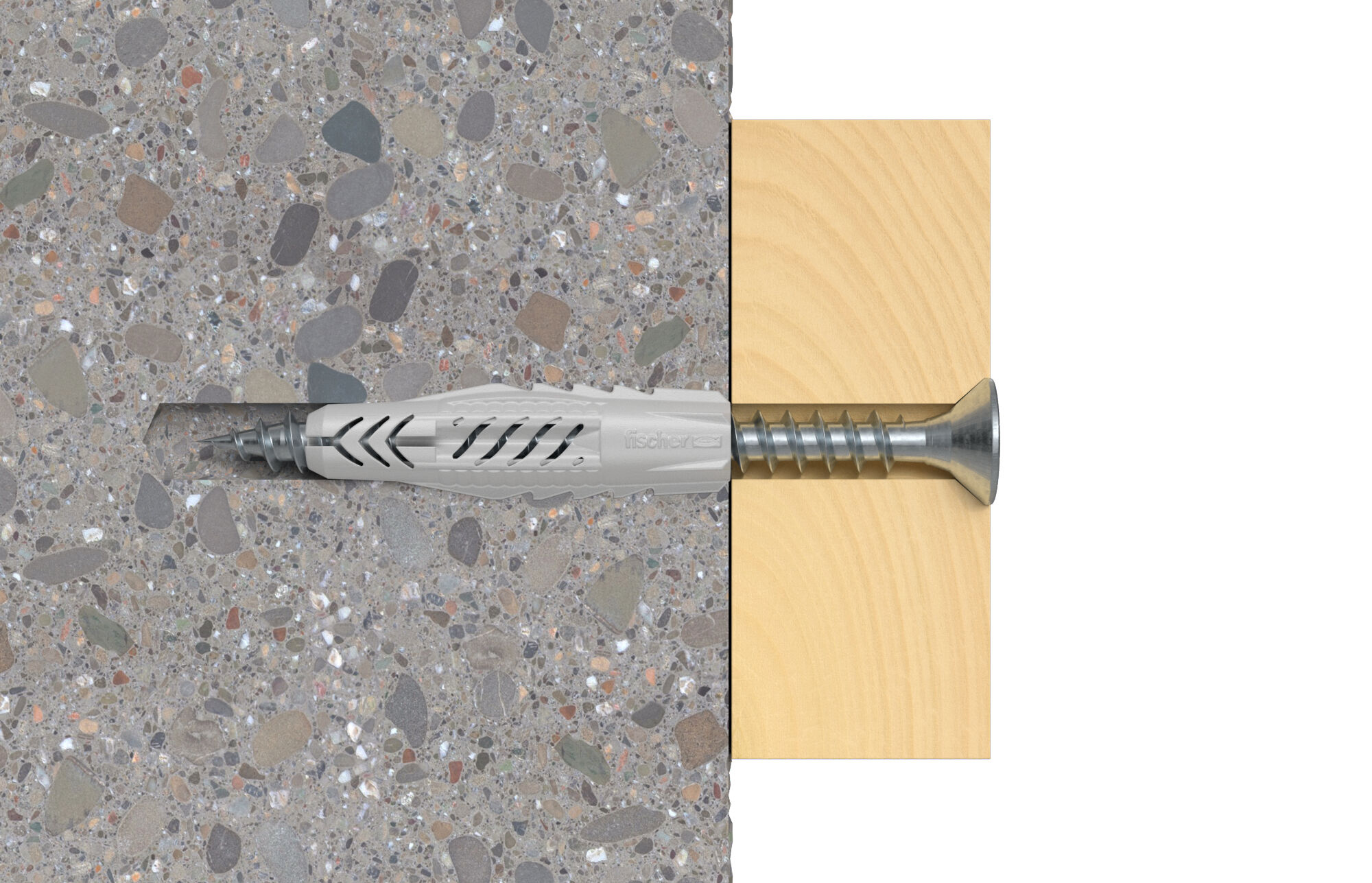 Ein Dübel mit Schraube steckt in Beton und Holz.