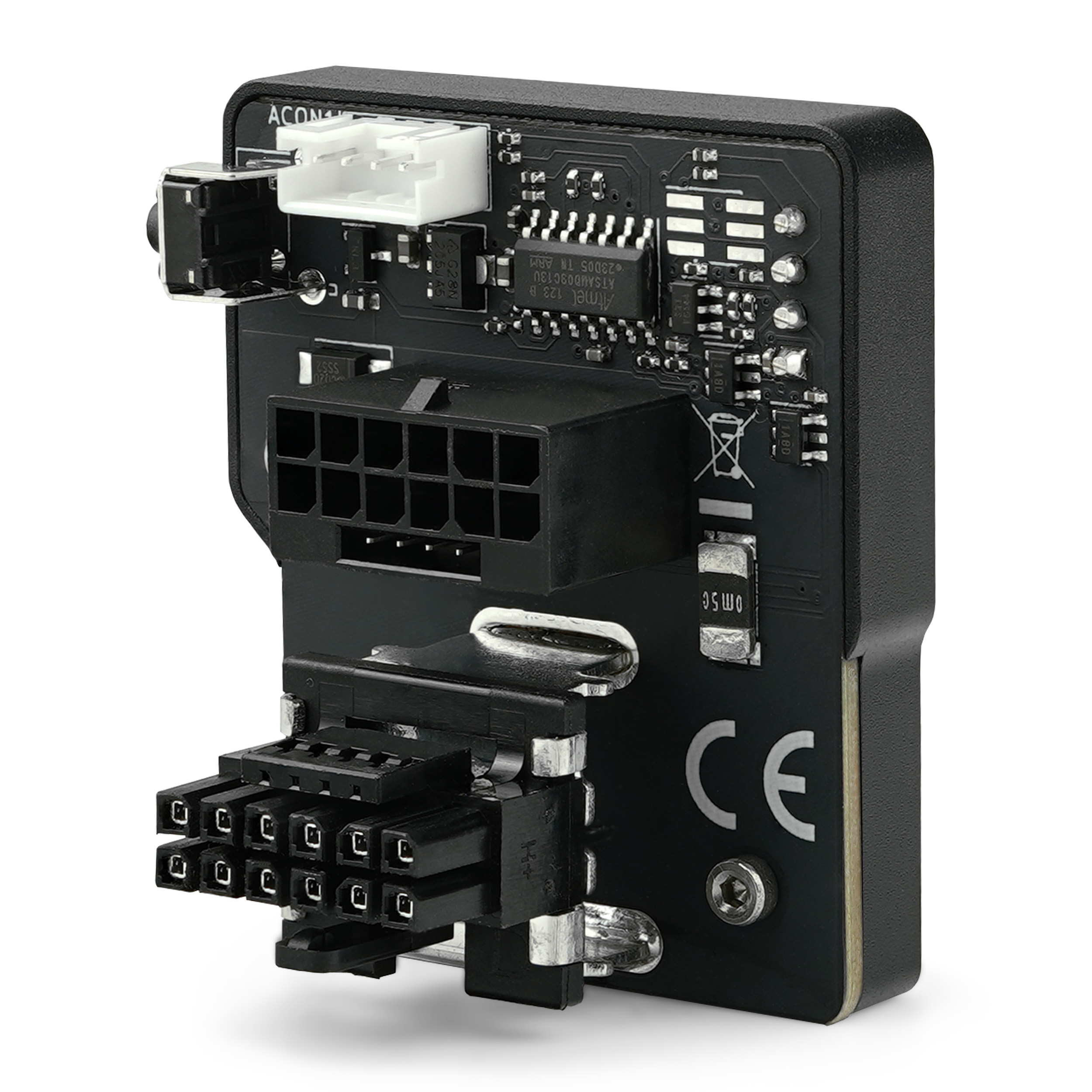 Ein schwarzes elektronisches Bauteil mit vielen Anschlüssen und Komponenten.