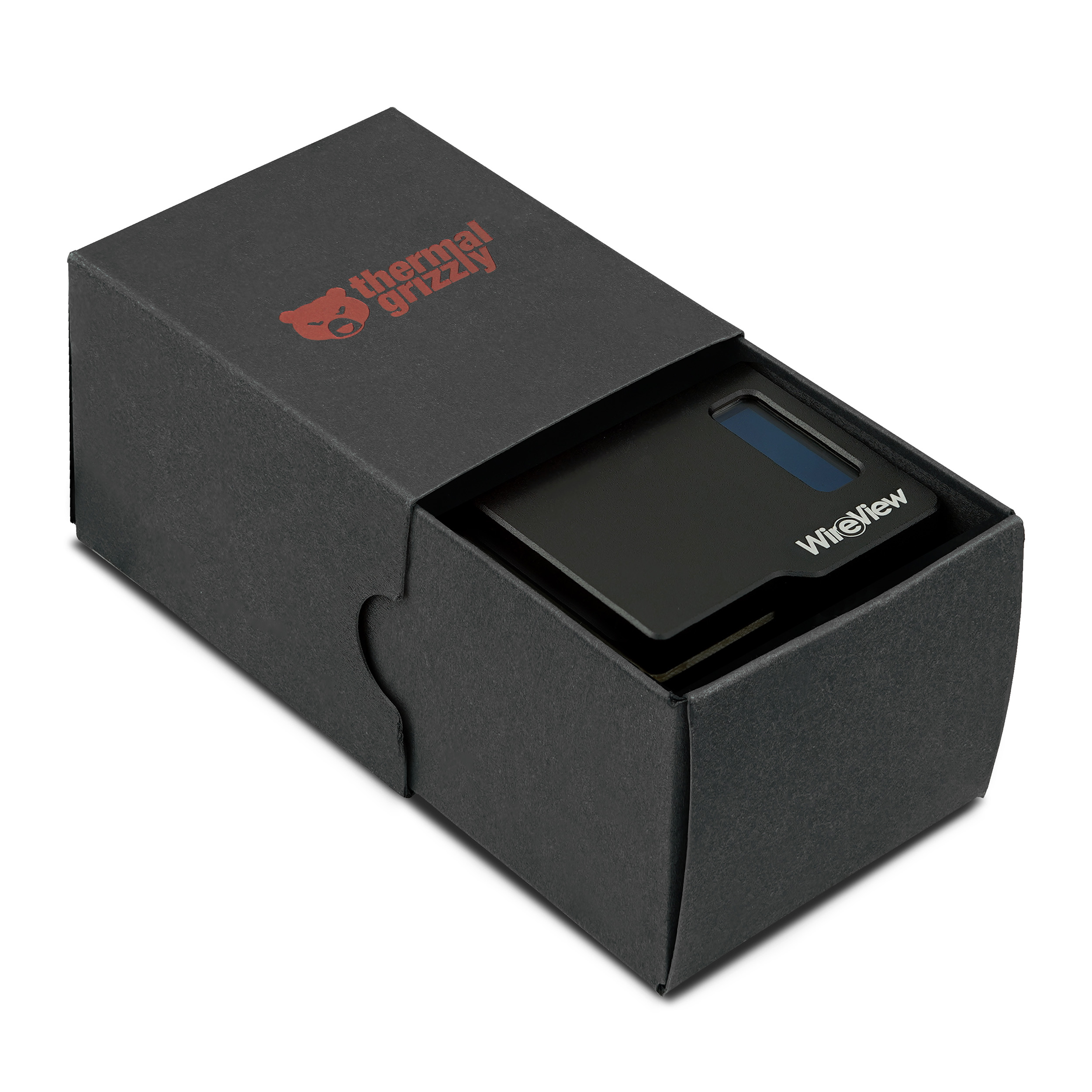 Schwarze Geschenkbox mit rotem Logo und einem schwarzen Gerät mit blauem Bildschirm.