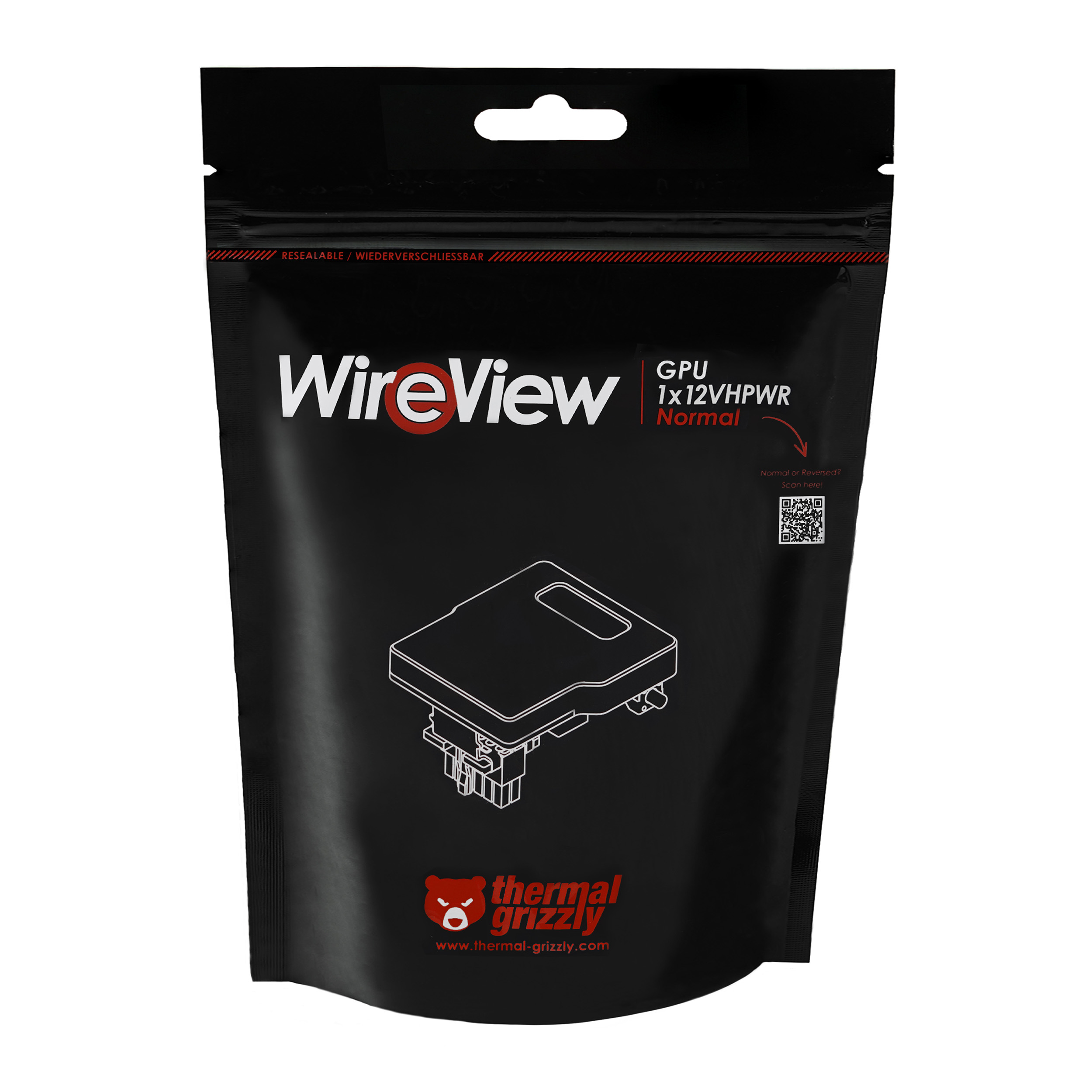 Schwarze Verpackung mit WireView GPU 1x12VHPWR Logo und schematischer Darstellung.
