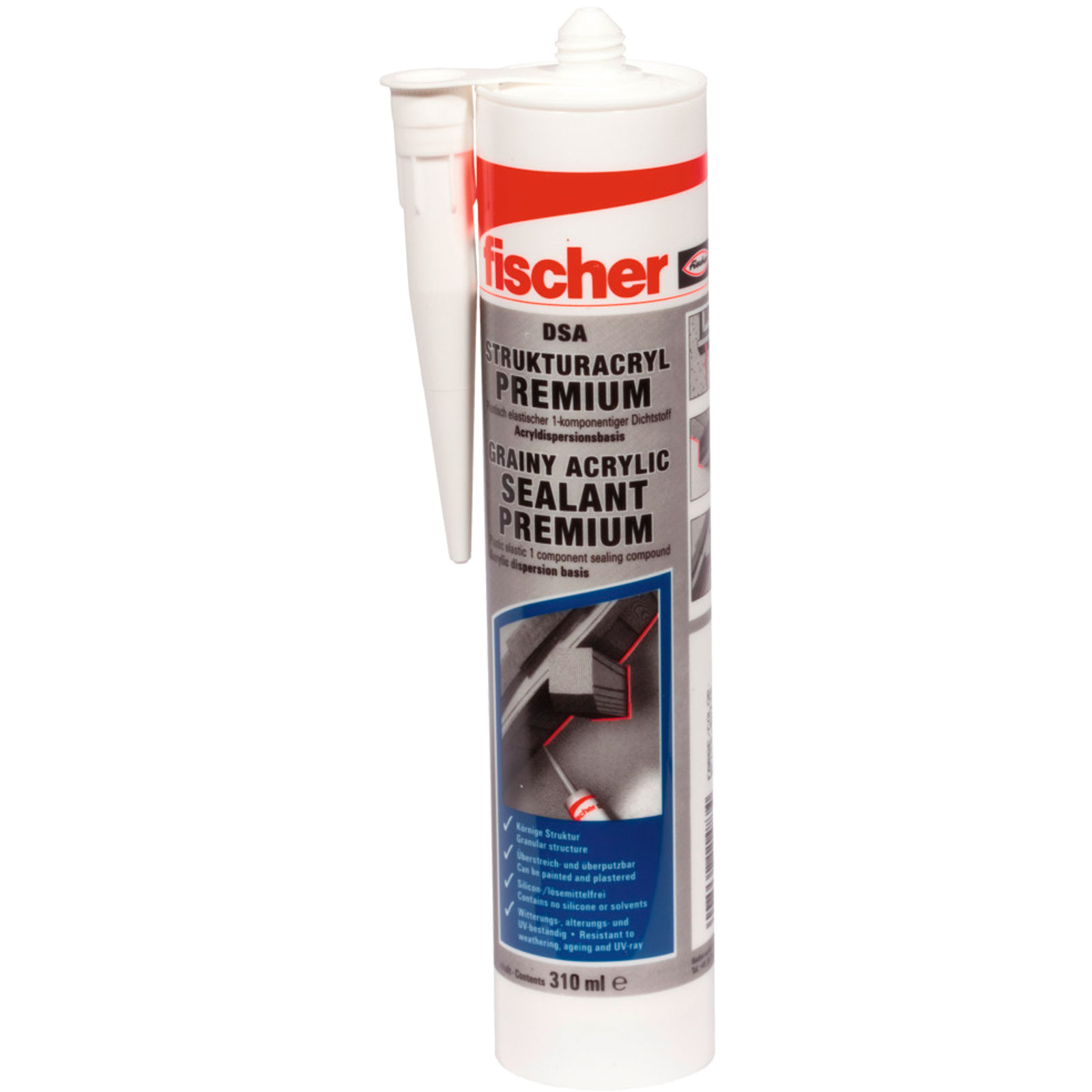 Eine weiße Kartusche mit rotem und grauem Fischer-Logo und Text.