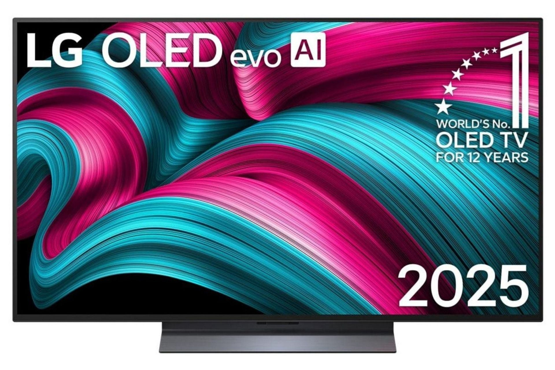 LG OLED evo AI Fernseher mit buntem abstrakten Bildschirm, Modell 2025.