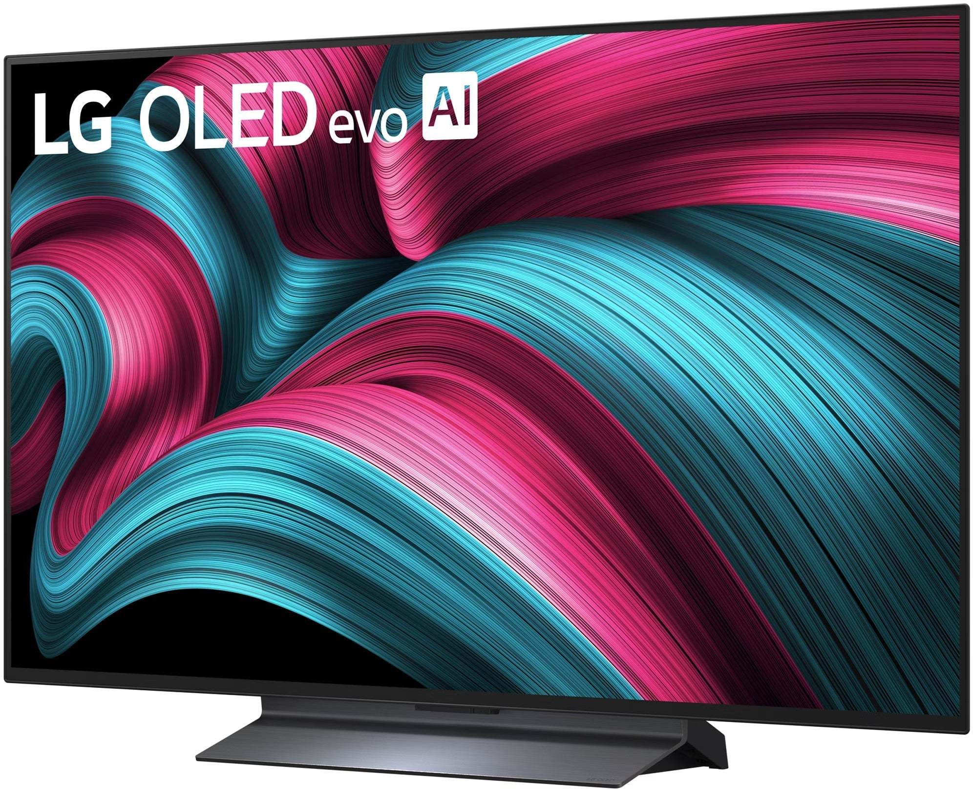 LG OLED evo AI Fernseher mit abstrakter, geschwungener Musterung in Blau und Pink.
