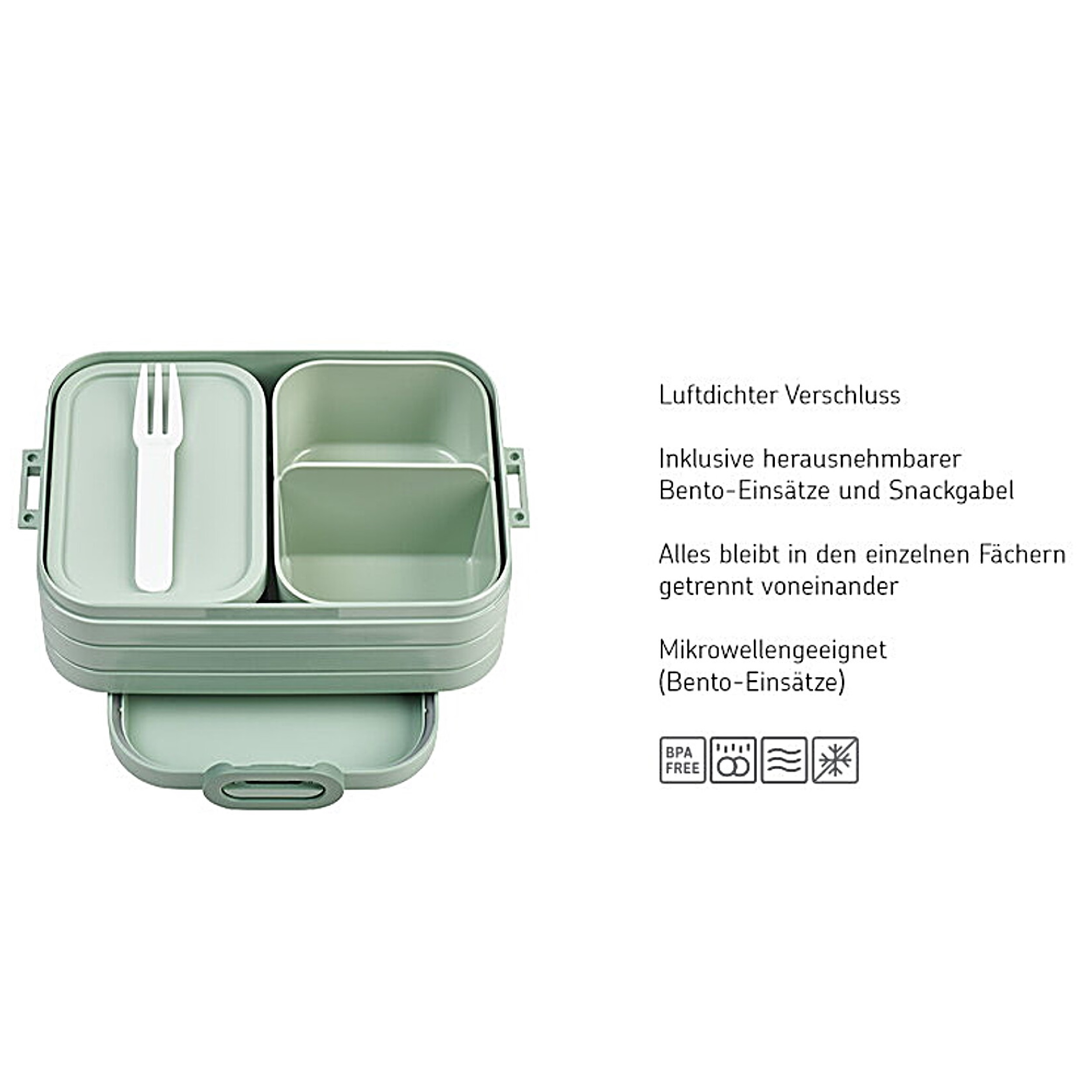 Ein grüner Bento-Lunchbox mit Fächern und Gabel. BPA-frei, mikrowellengeeignet.