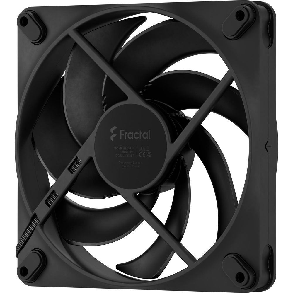 Schwarzer Computerlüfter mit Fractal-Logo und Spezifikationen.