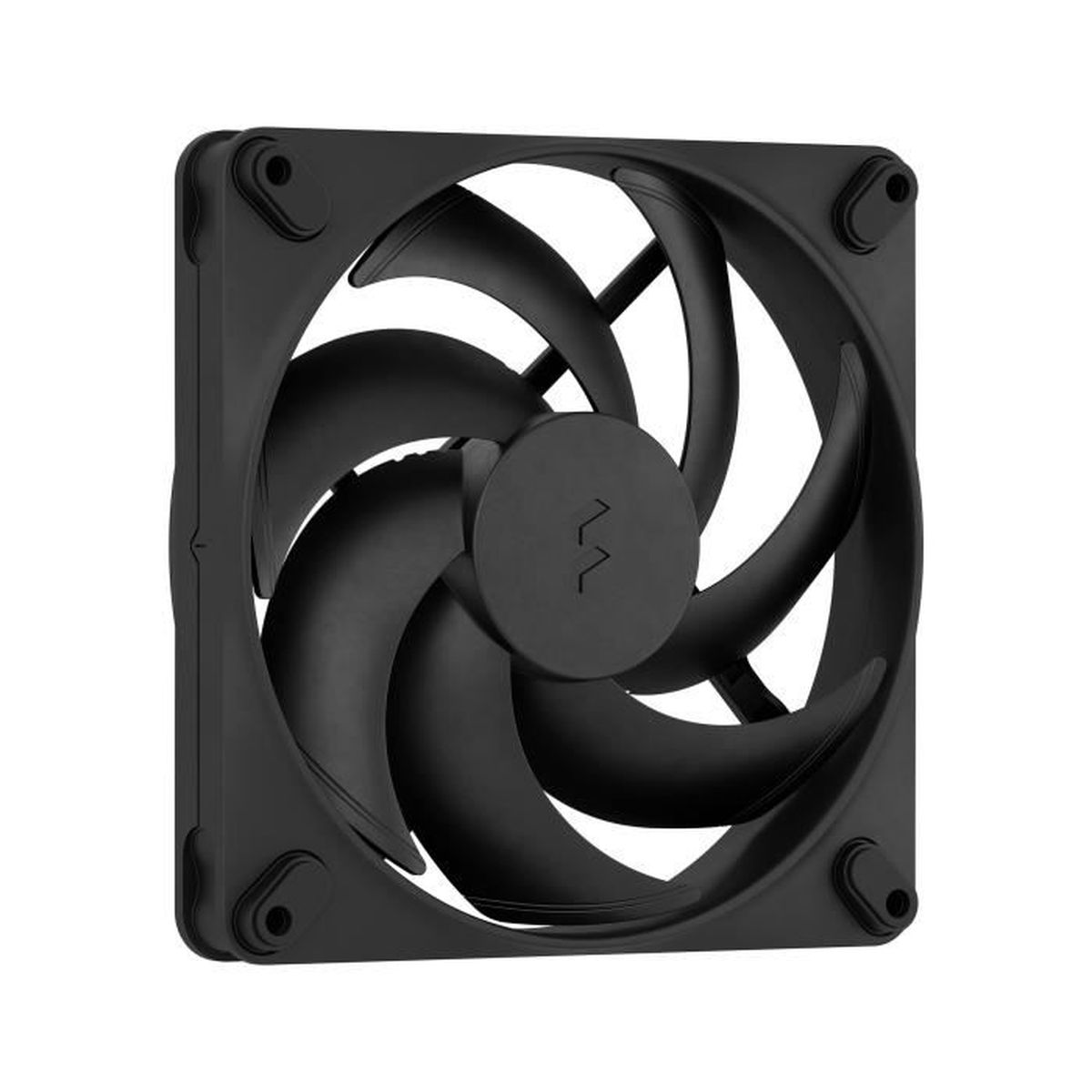 Ein schwarzer Computerlüfter mit geschwungenen Rotorblättern und einem zentralen Logo.