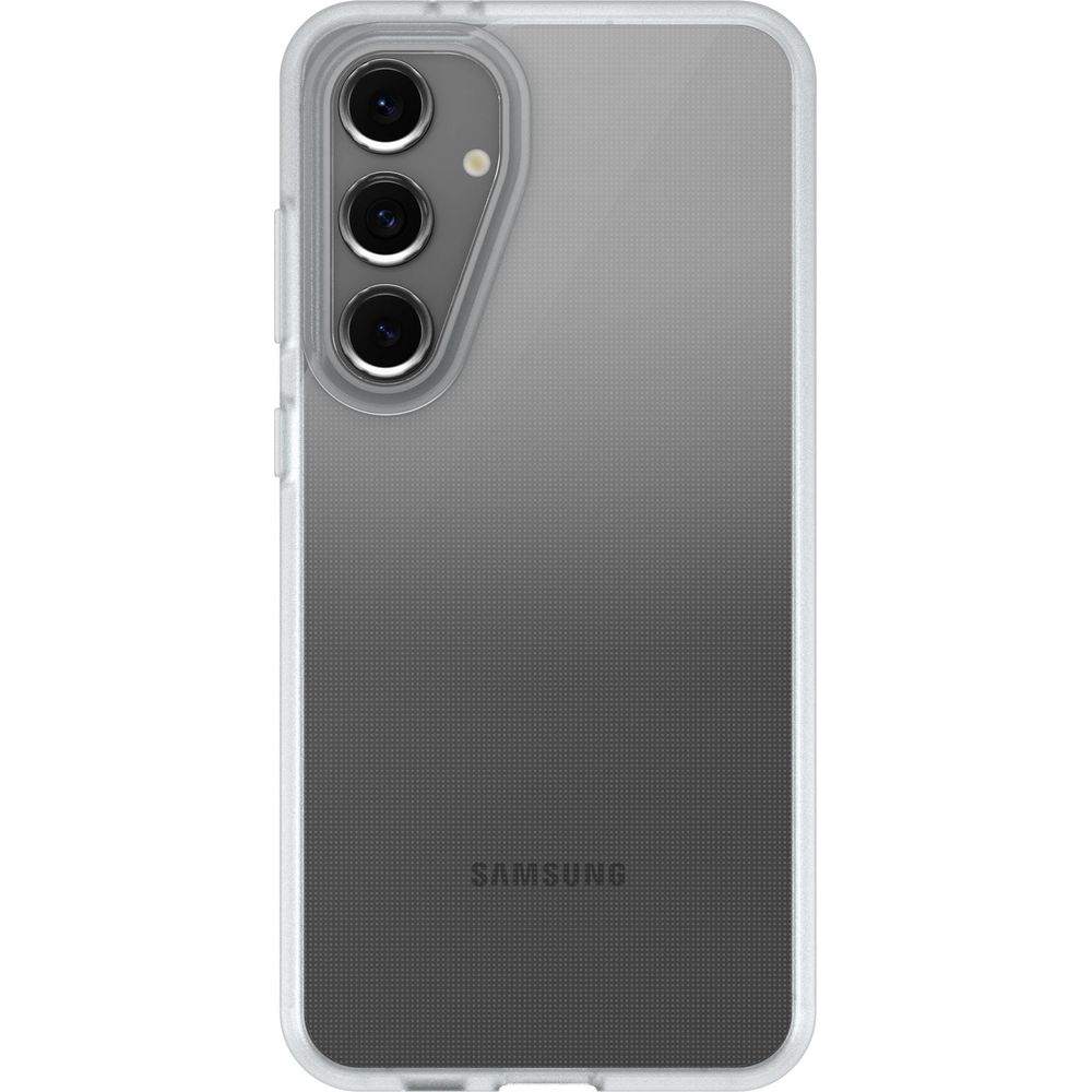 Una custodia trasparente per telefono con gradiente da grigio a trasparente, che mostra tre obiettivi della fotocamera.