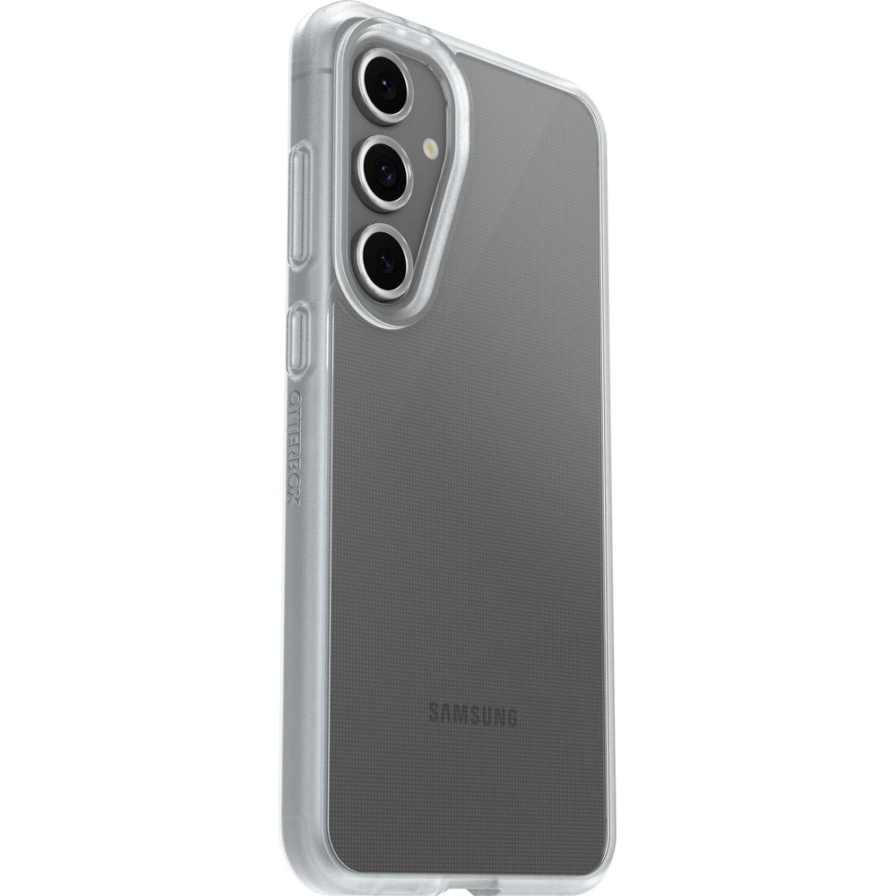 Custodia trasparente Otterbox su un telefono Samsung con tre fotocamere posteriori.