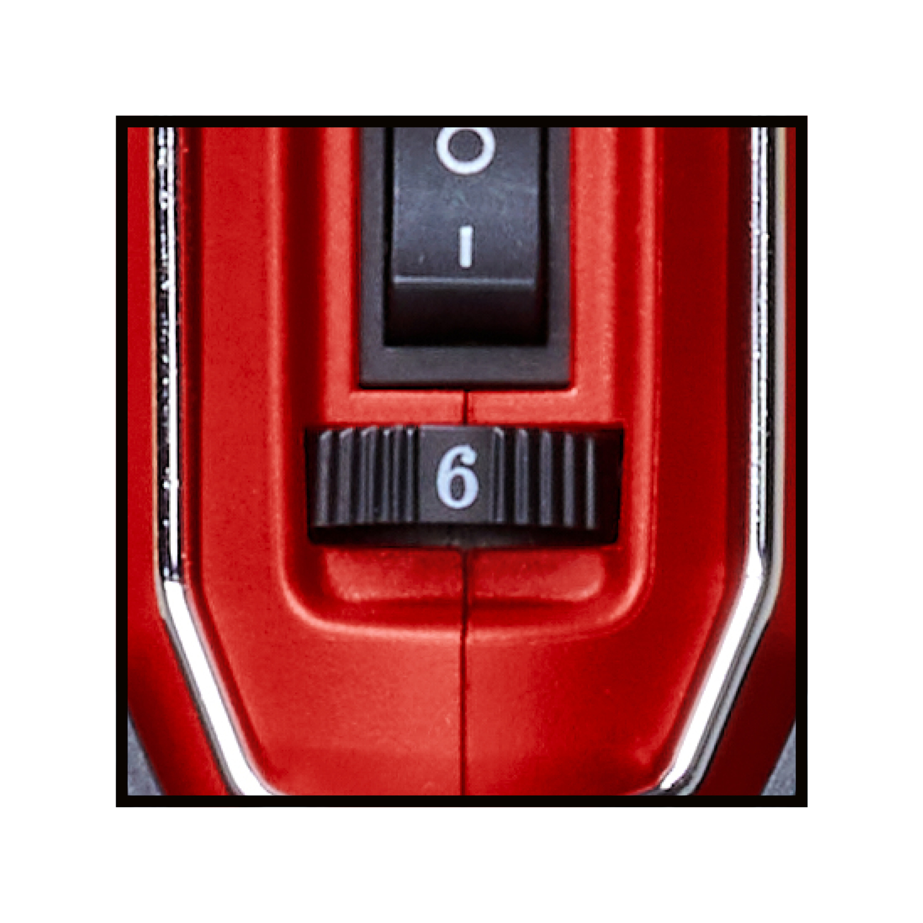 Roter Bohrer mit Schalter und Einstellrad auf Position 6.