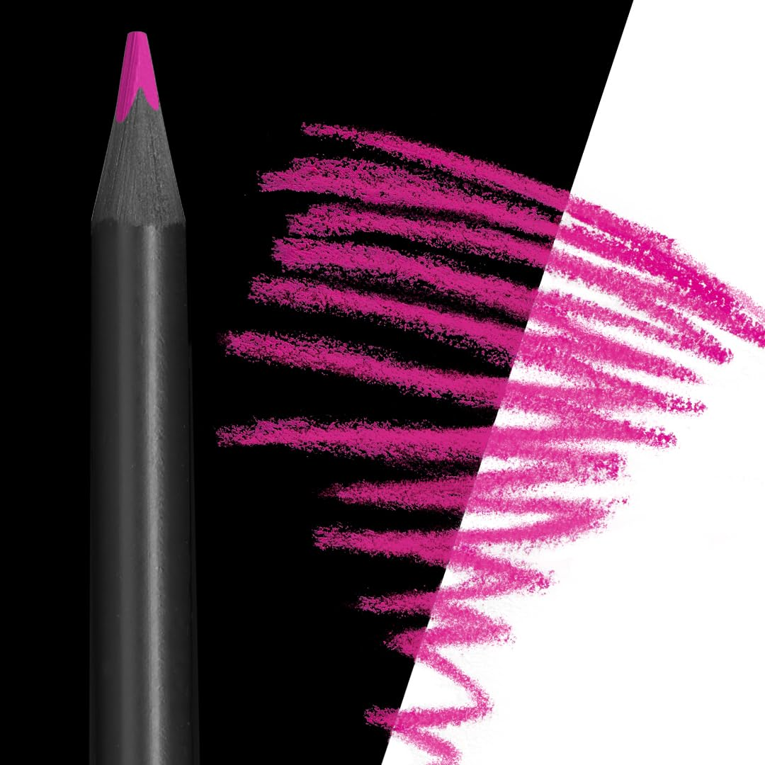 Ein schwarzer Bleistift mit pinker Spitze auf schwarzem Hintergrund mit pinken Strichen.