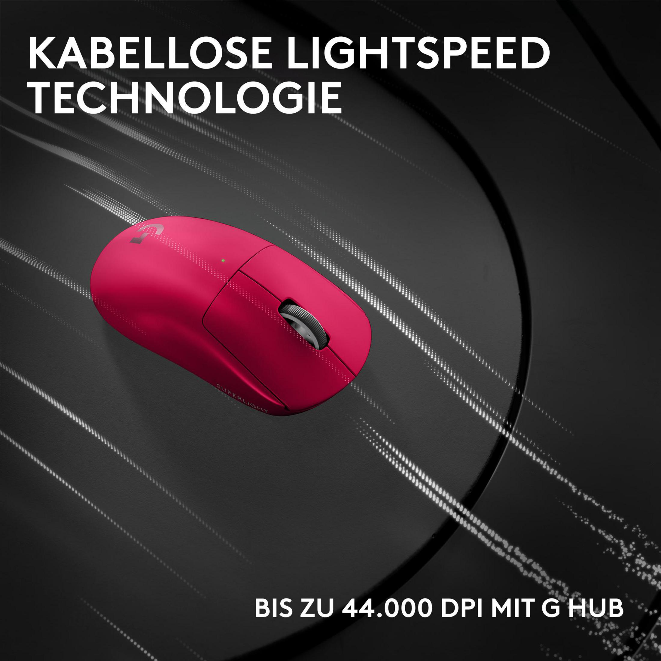 Ein pinker kabelloser Gaming-Maus auf schwarzem Hintergrund.