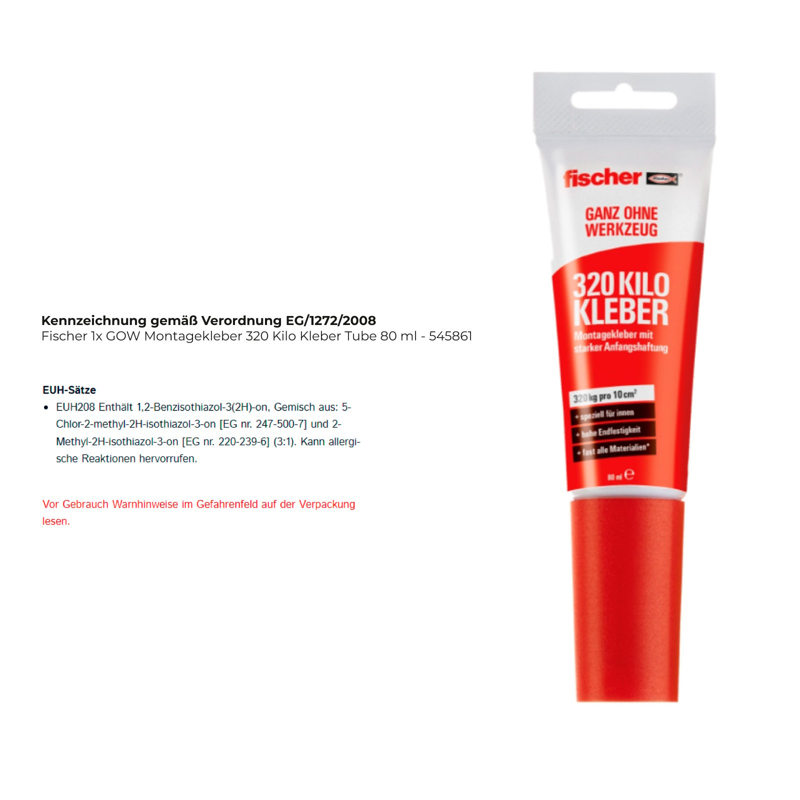 Fischer 320 Kilo Montagekleber Tube, rot-weiße Verpackung, 80ml.