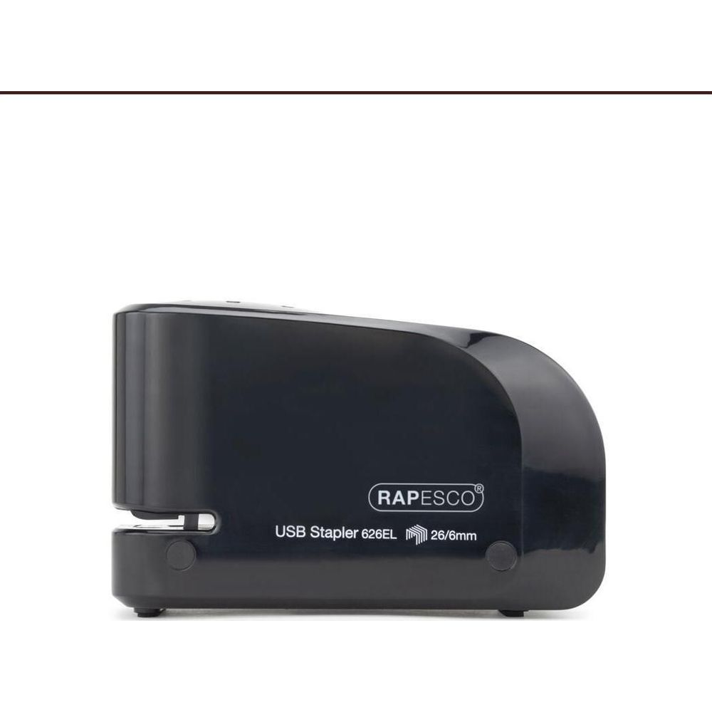 Ein schwarzer Rapesco USB-Tacker, Modell 626EL, ist auf weißem Hintergrund zu sehen.