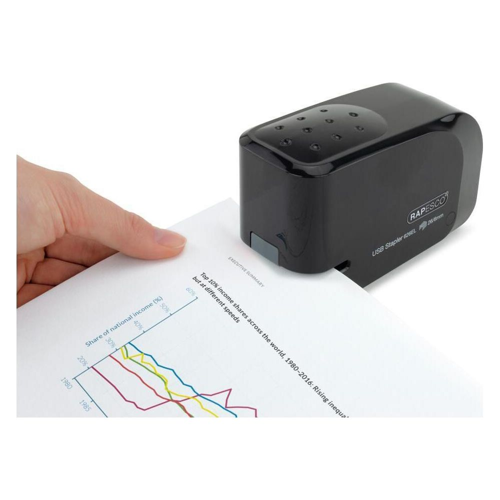 Ein schwarzer Rapesco USB-Tacker liegt auf einem Dokument mit Grafik und Text.