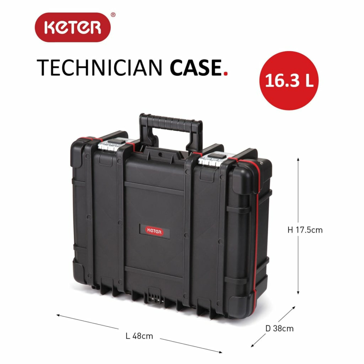 Czarna walizka Keter dla technika z czerwonymi akcentami, wymiary L48xH17.5xD38cm.