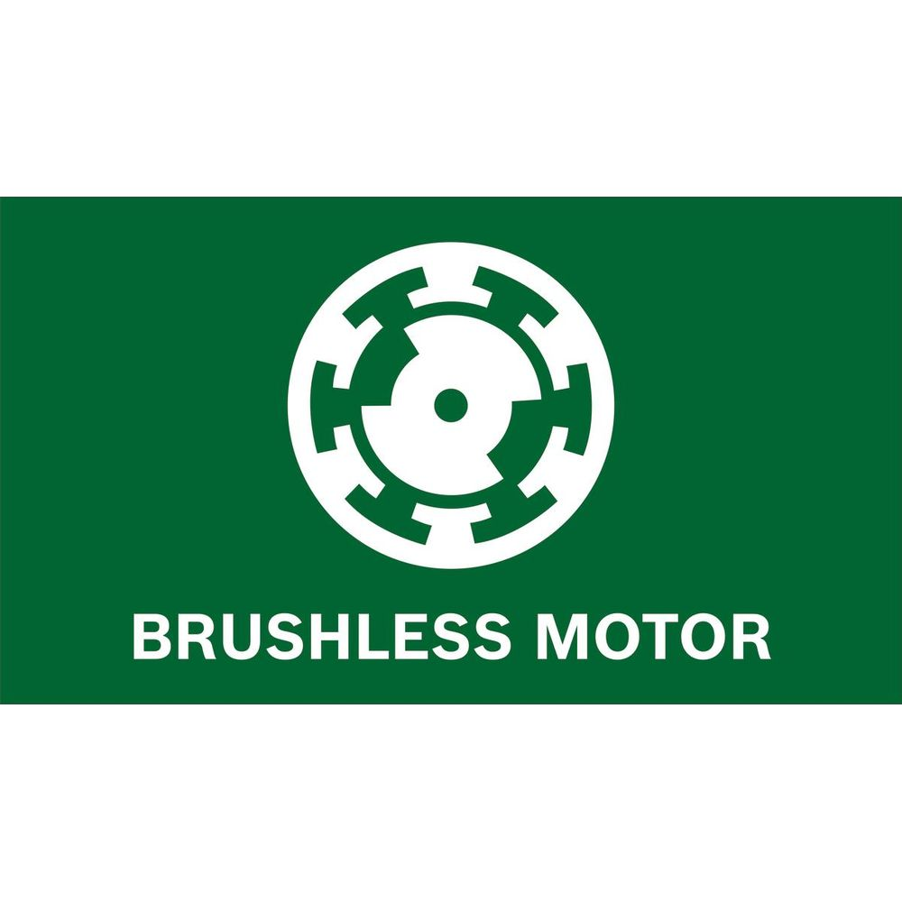 Grünes Schild mit weißem Symbol eines bürstenlosen Motors und Text.