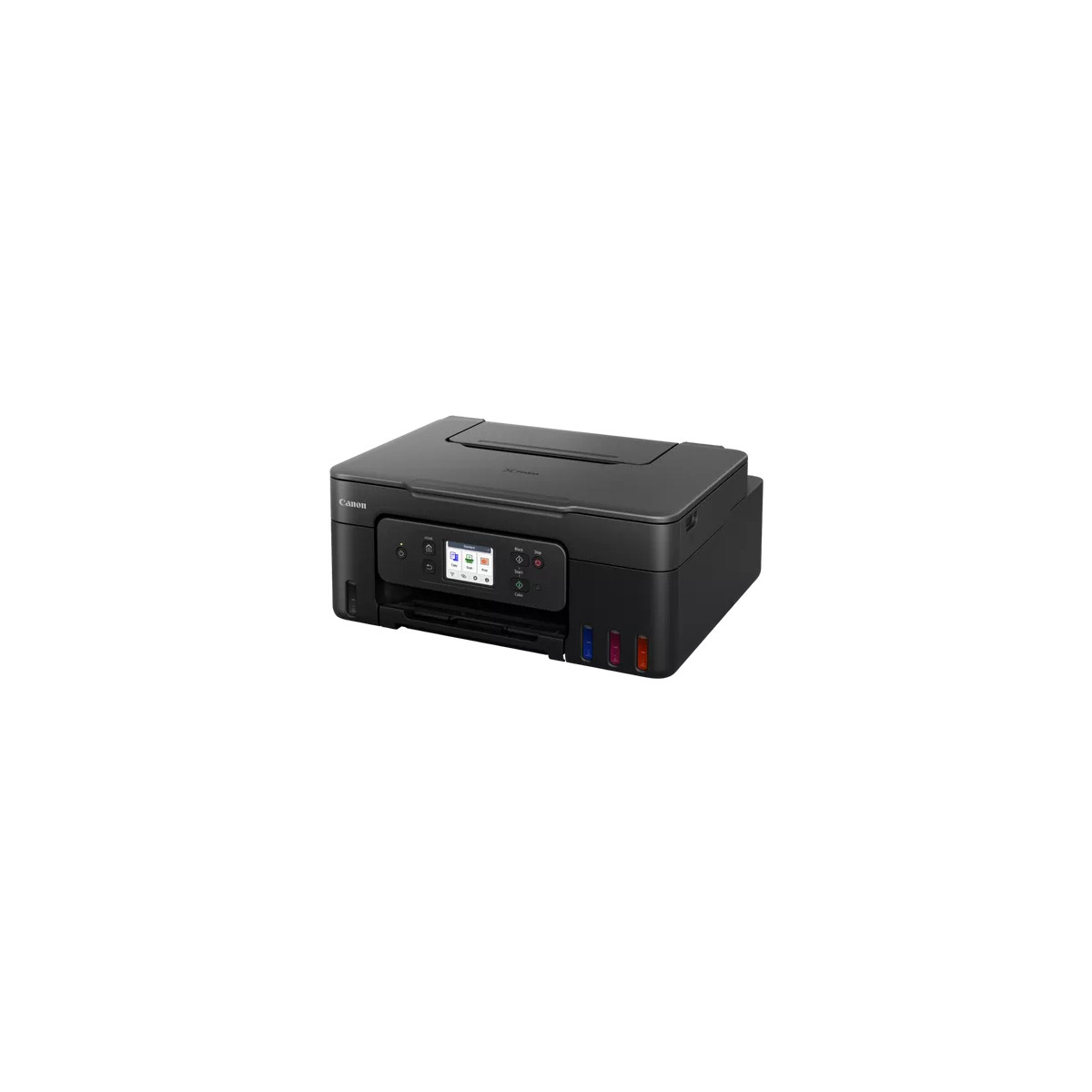 Schwarzer Canon-Drucker mit Farbtintensystem rechts und Bildschirm.