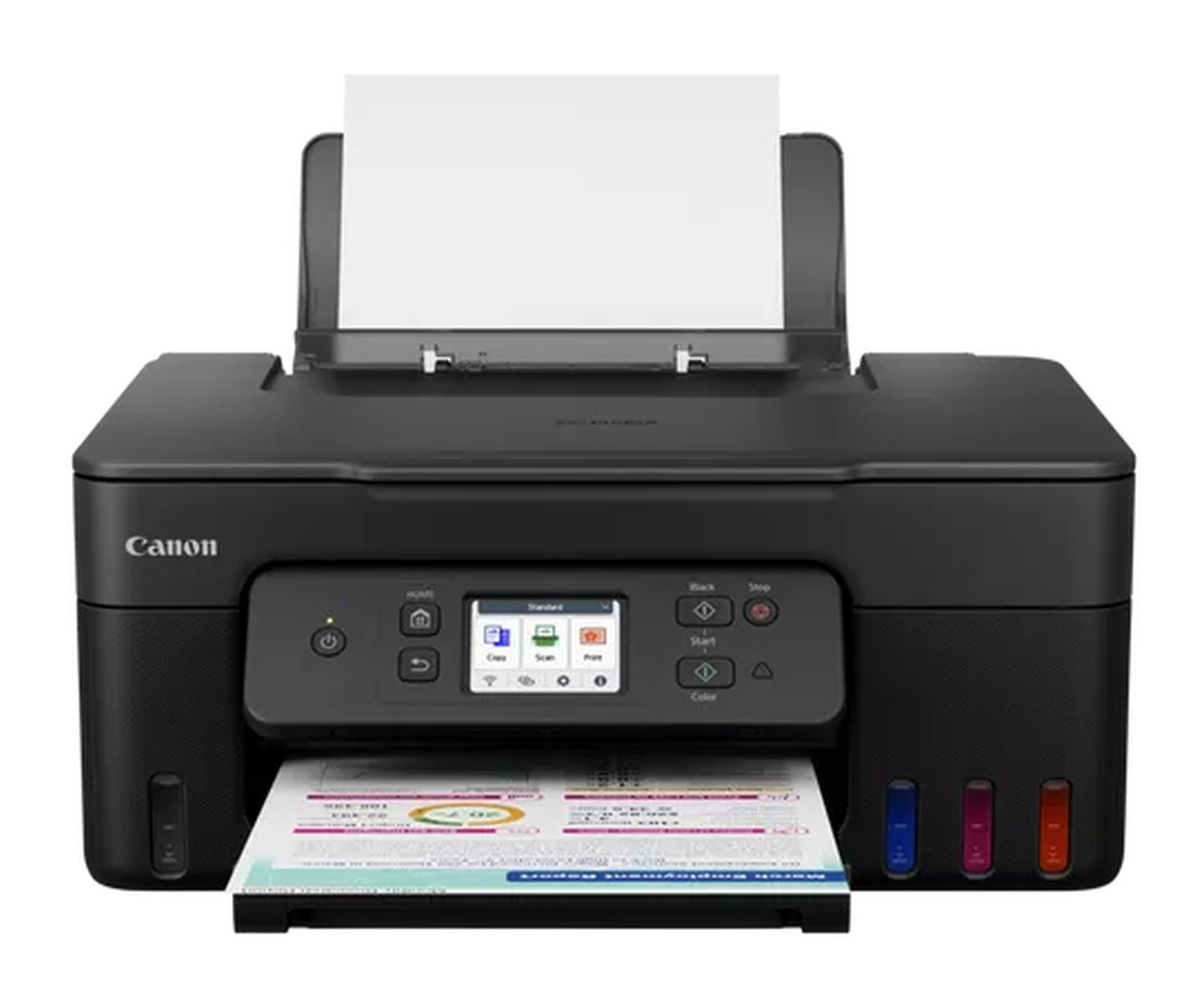 Ein schwarzer Canon Drucker mit Papier im Einzug und bedrucktem Papier im Ausgabefach.