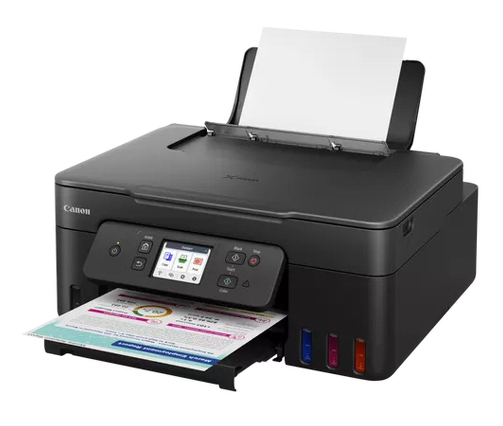 Ein schwarzer Canon Drucker mit Papier im Einzug und auf dem Ausgabefach.