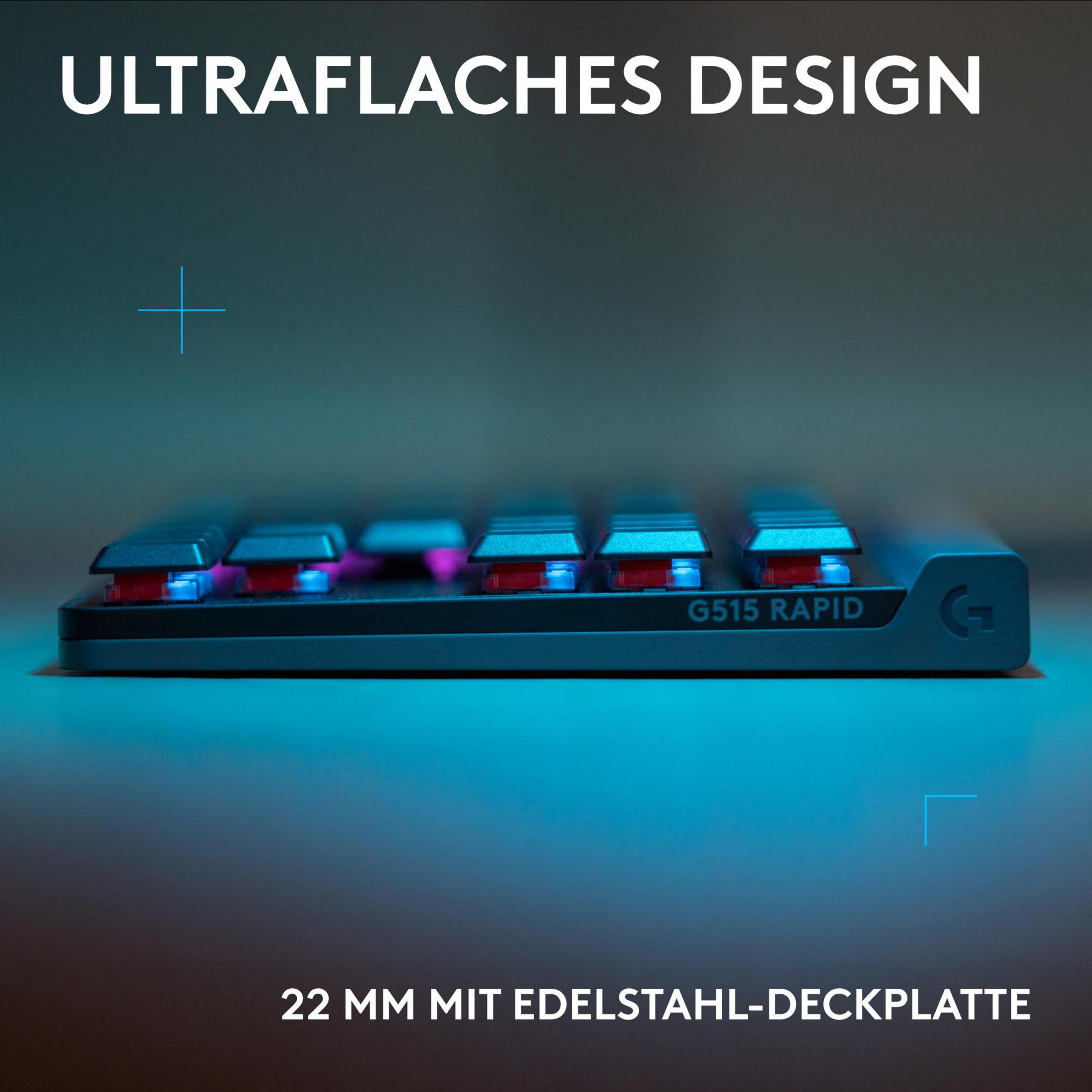 Teclado ultradelgado con interruptores rojos e iluminación azul.