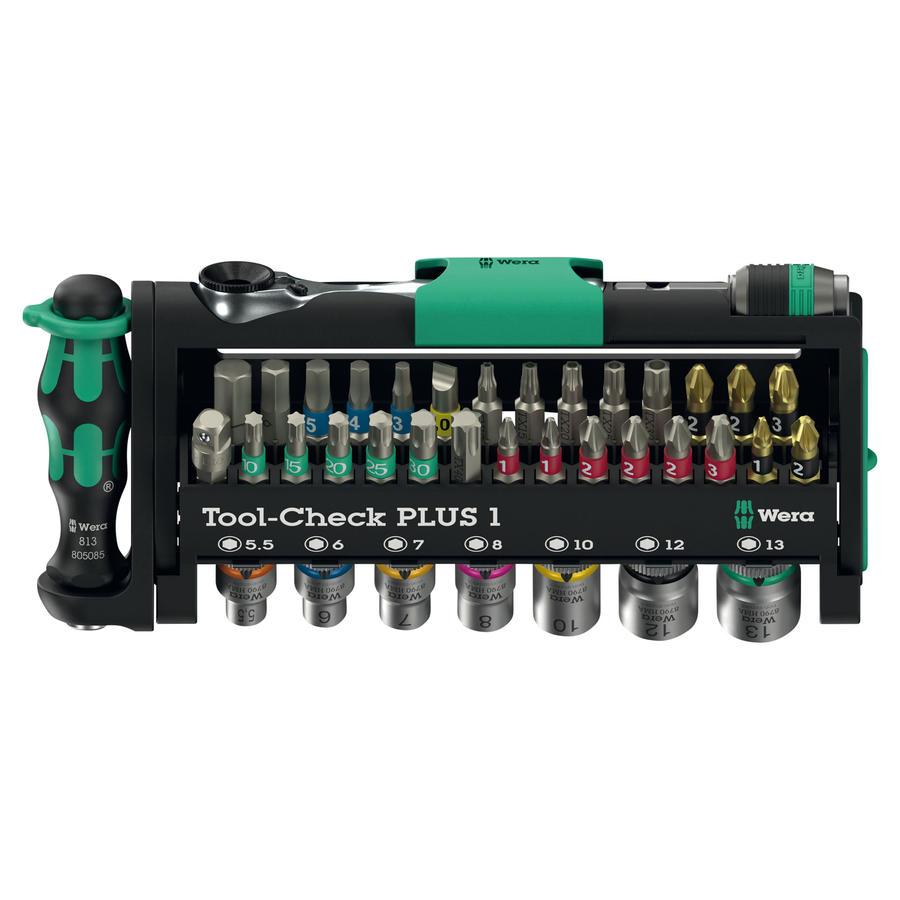 Ein Werkzeugkasten mit Bits und Stecknüssen, Wera Tool-Check PLUS 1.