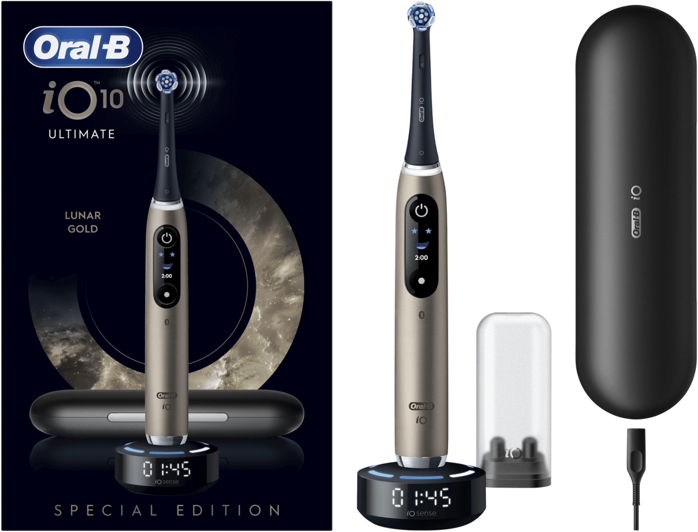 Spazzolino elettrico Oral-B iO 10 Lunar Gold con caricatore e custodia.