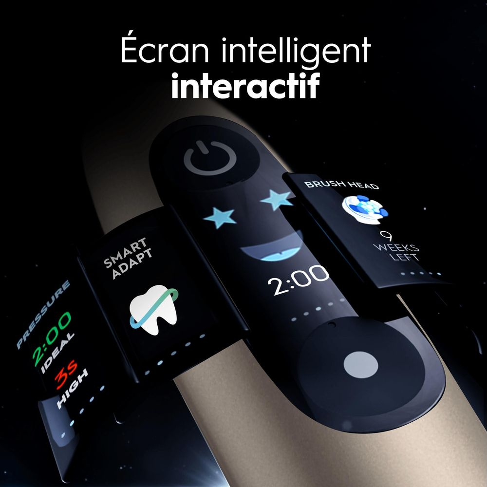 Un manico di spazzolino intelligente con display digitale mostra tempo e pressione.
