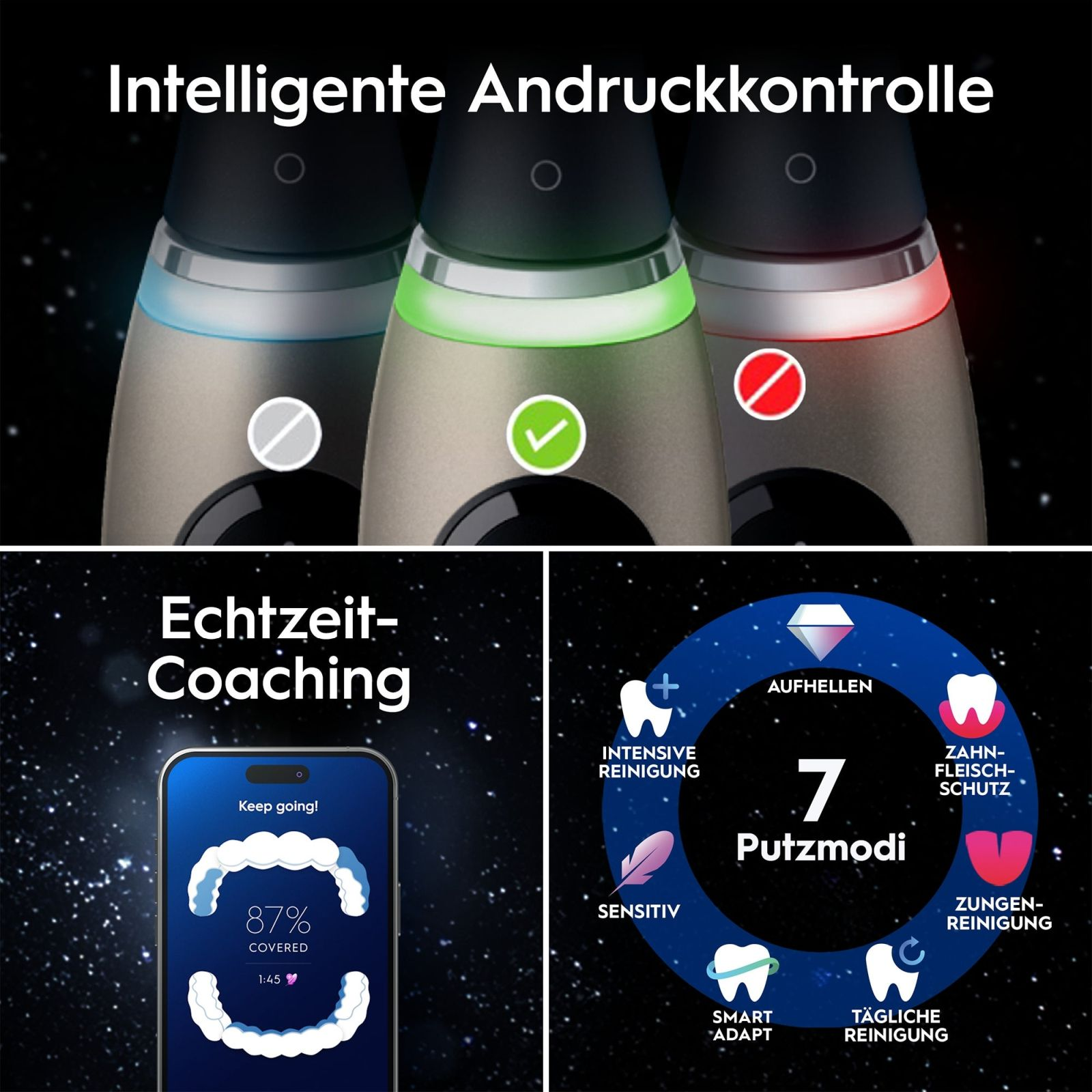 Tre testine dello spazzolino con luci. Sinistra, centro, destra. App smartphone mostra pulizia denti.