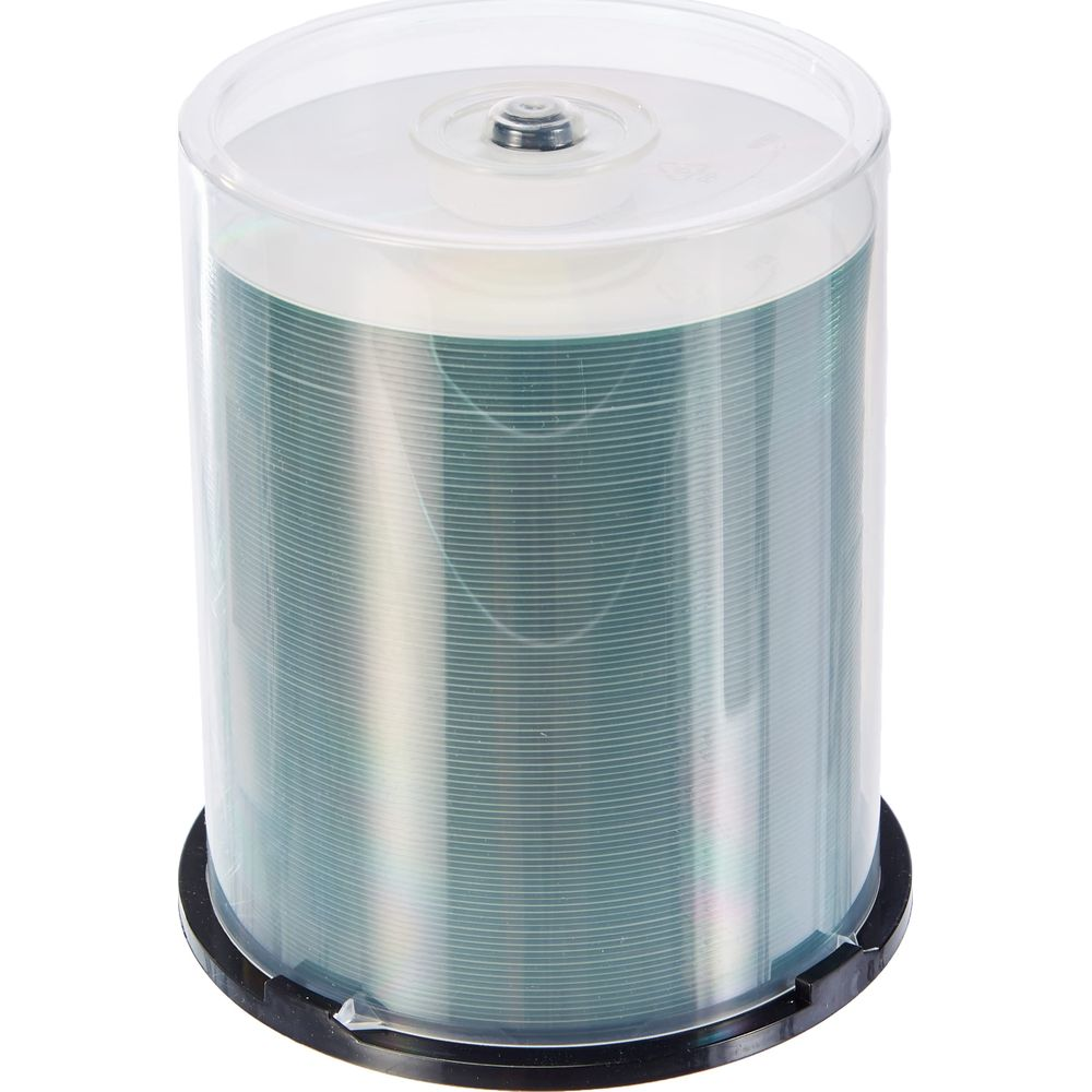Stapel CDs oder DVDs in transparenter Hülle mit schwarzem Sockel.