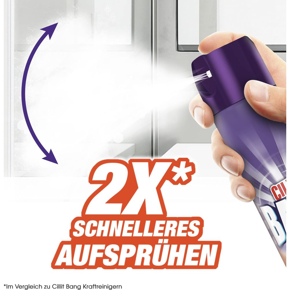 Hand sprüht lila Reiniger. 2x schnelleres Aufsprühen.