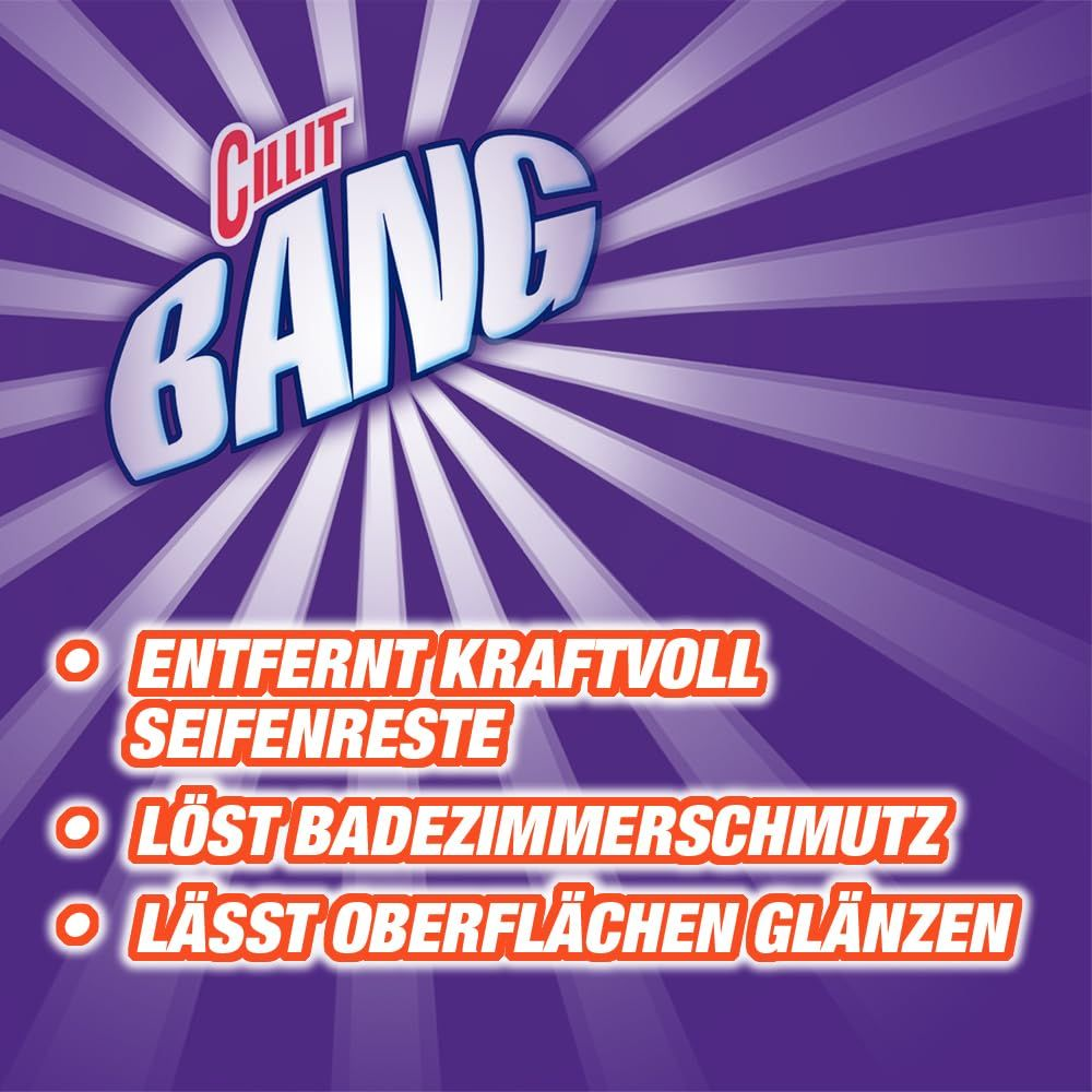 Cillit Bang Logo mit lila Sternenmuster und Text. Entfernt Seifenreste.