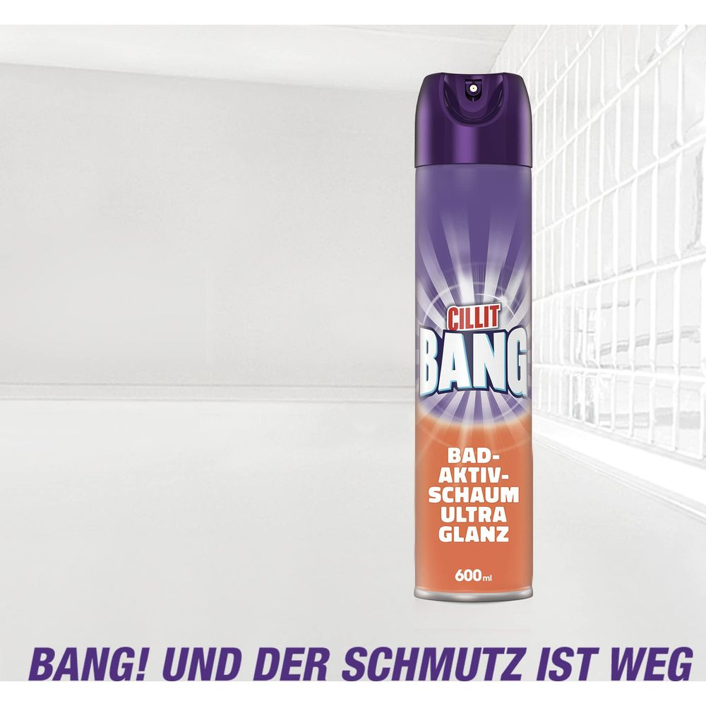 Lila Sprühdose Cillit Bang mit Schaumreiniger für Badezimmer, 600 ml.