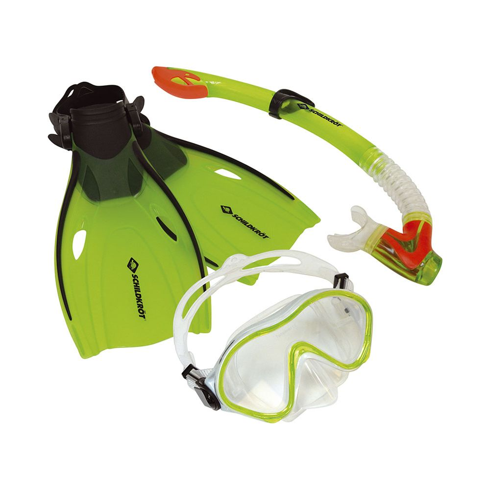 Grüne Schwimmflossen, Maske und Schnorchel auf weißem Hintergrund.