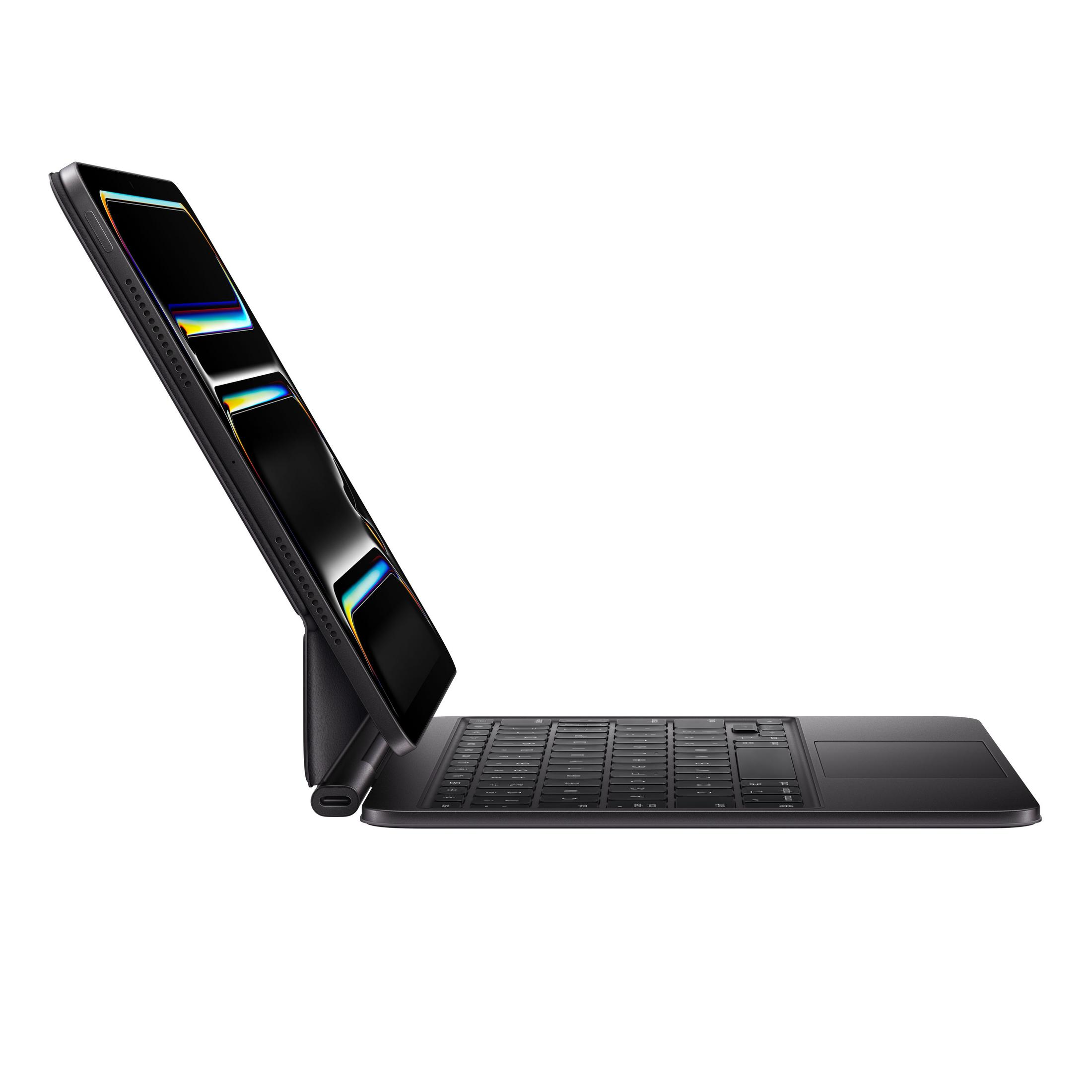 Un tablet nero con tastiera e trackpad, su sfondo bianco.
