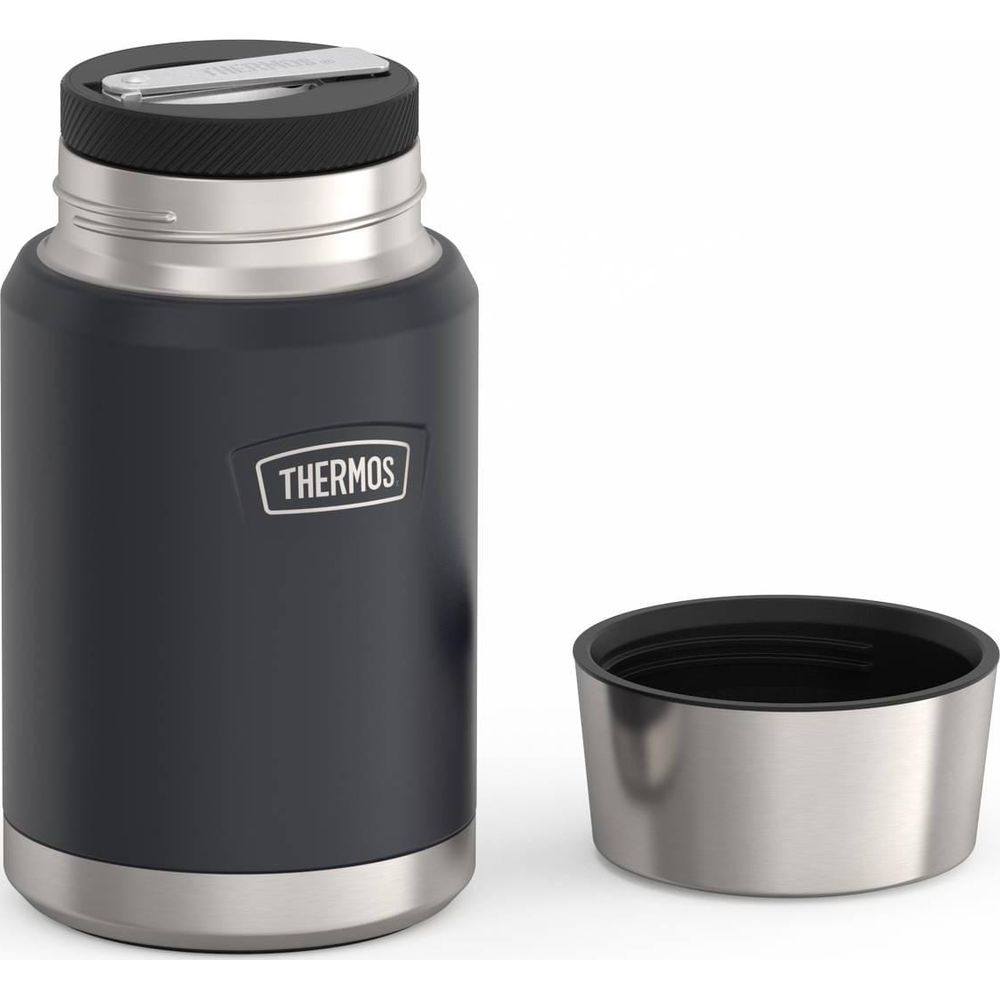 Dunkelgrauer Thermos-Speisebehälter mit silbernem Boden und Deckel. Der Deckel ist schwarz mit silbernem Griff.