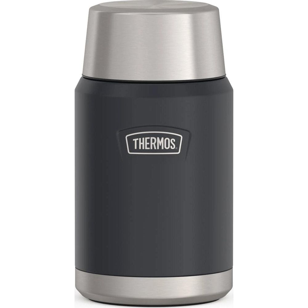Ein grauer Thermosbehälter mit silbernem Deckel und Boden.