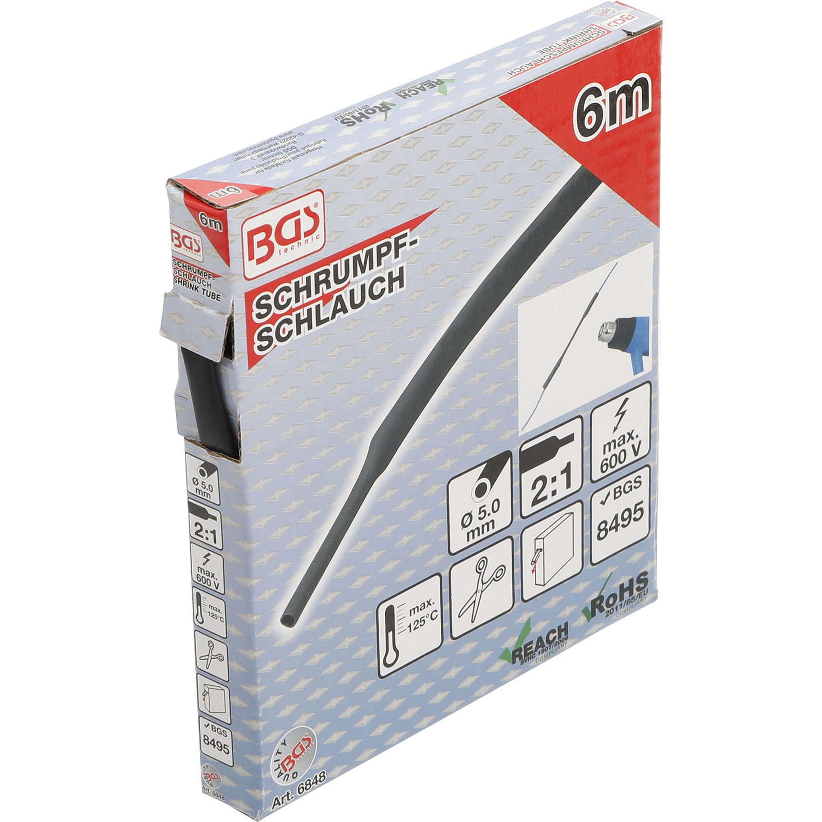 Verpackung für schwarzen Schrumpfschlauch, 6m lang, 5mm Durchmesser.