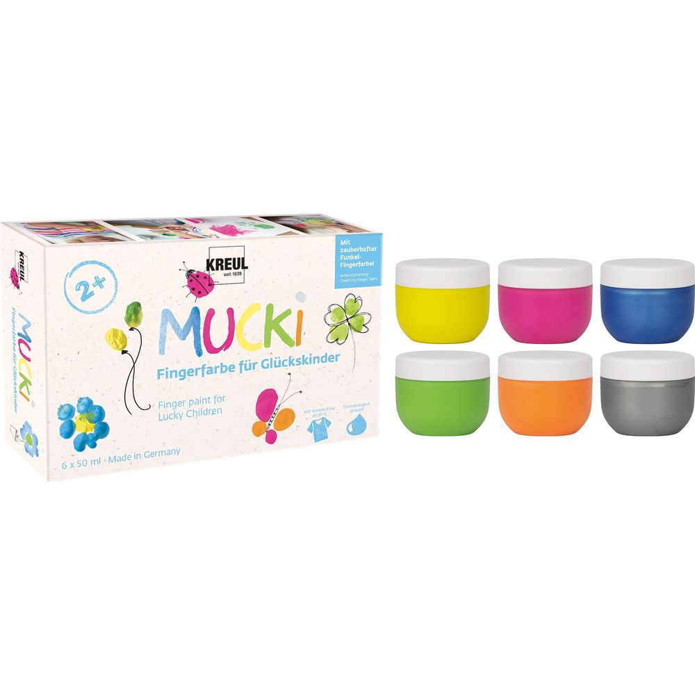 Ein Karton mit sechs Töpfen Fingerfarbe in Gelb, Pink, Blau, Grün, Orange und Grau.