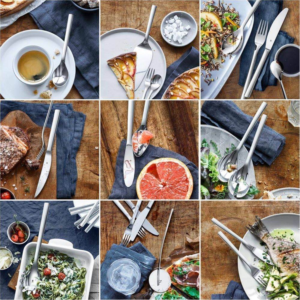 Collage von Essens- und Besteckbildern: Kaffee, Kuchen, Salat, Steak, Grapefruit, Pasta, Pizza, Fisch.