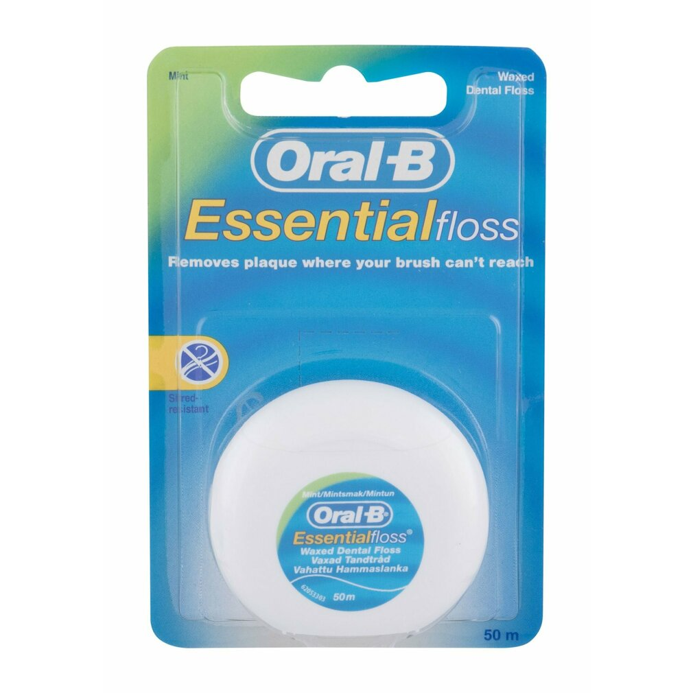 Oral-B Essentialfloss Wachs-Zahnseide, Minzgeschmack, 50m, in blau-grüner Verpackung.
