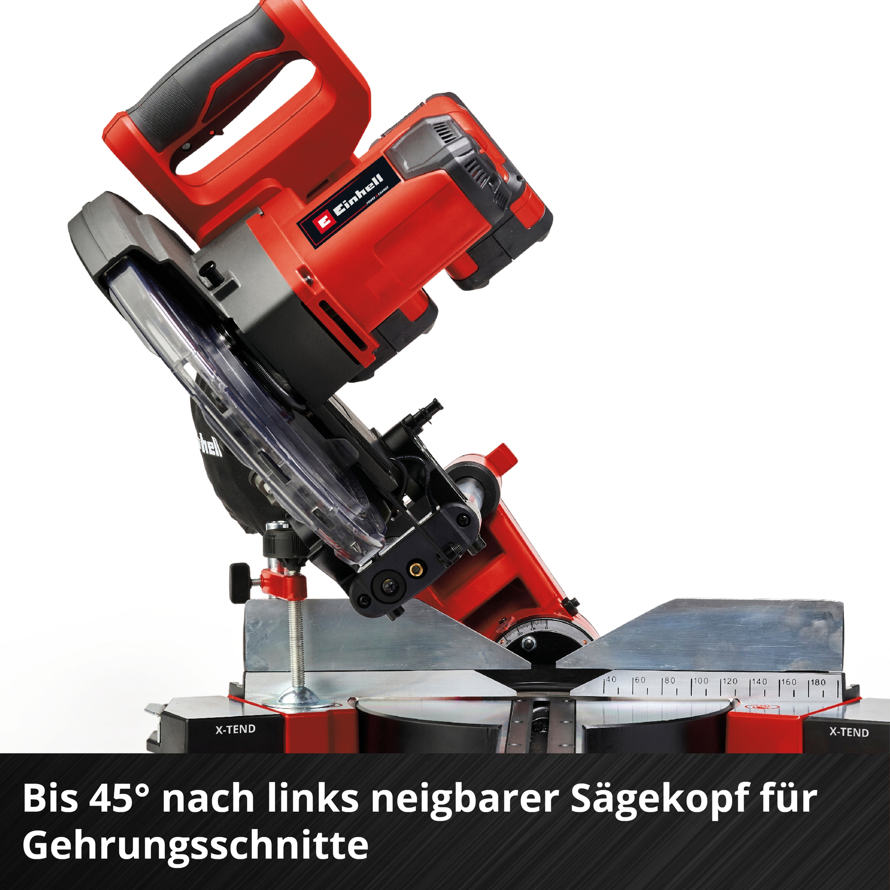 Roter und schwarzer Kapp- und Gehrungssägentisch mit neigbarem Sägekopf.