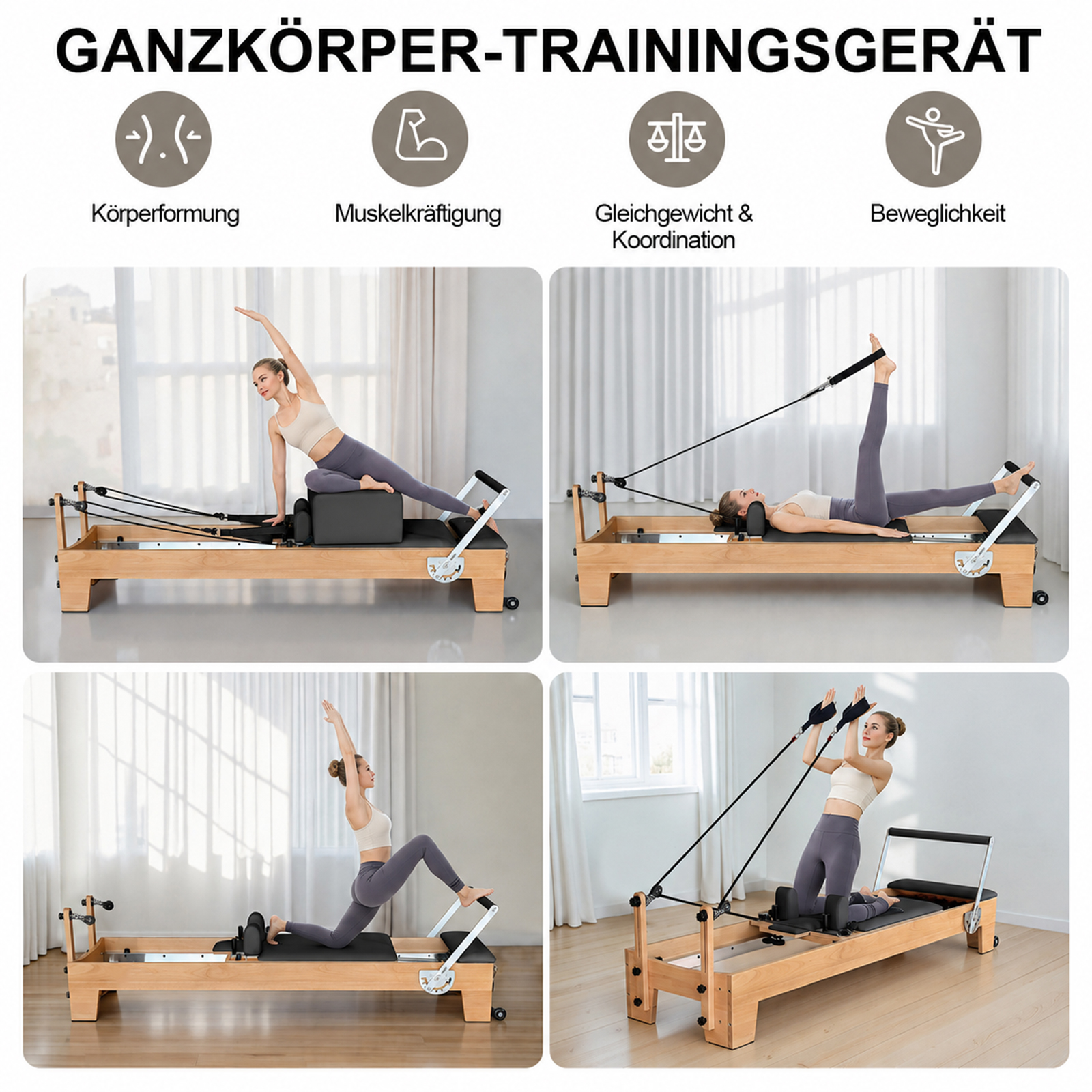 Vier Frauen trainieren auf einem Pilates-Reformer-Gerät in verschiedenen Übungen.