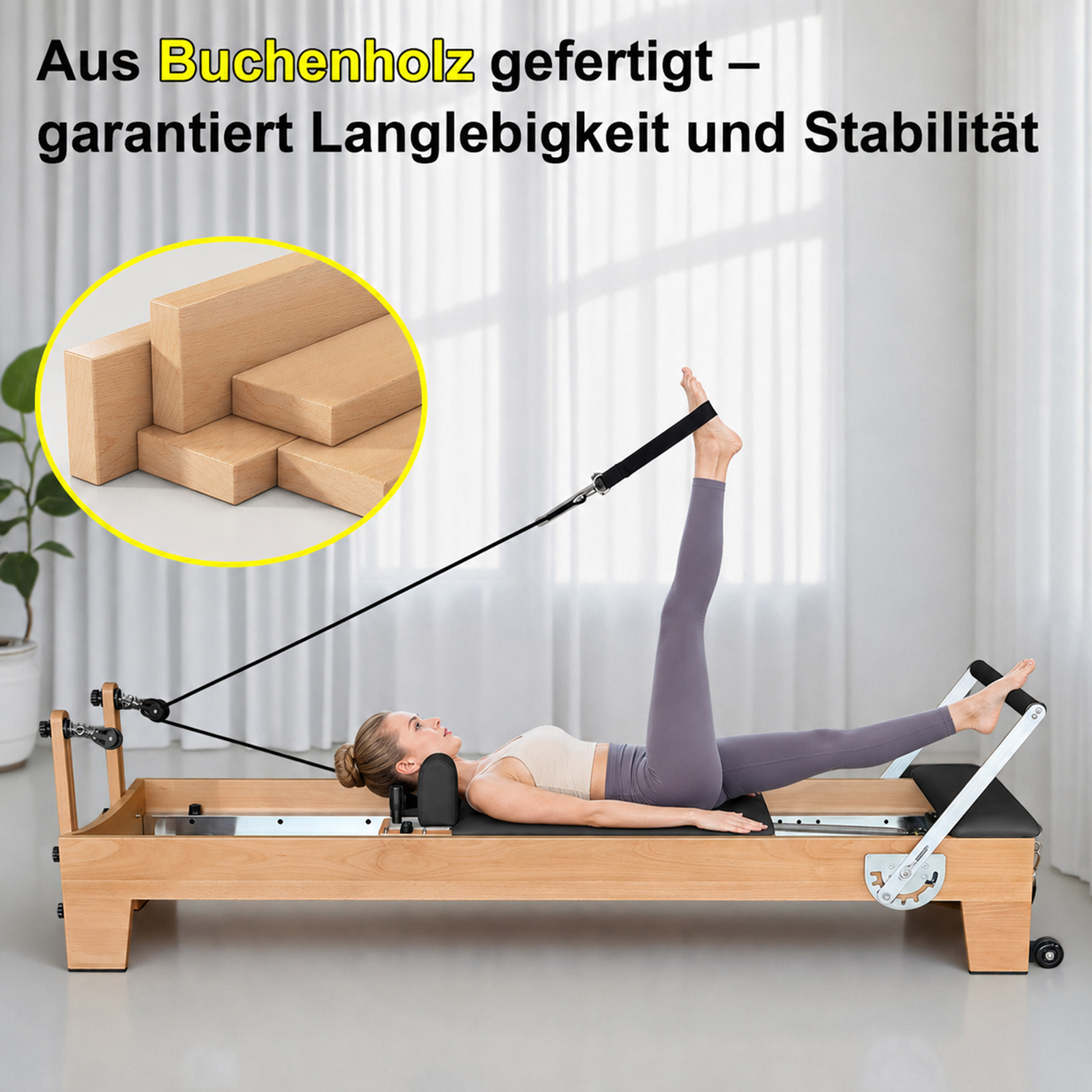 Frau auf Pilates-Gerät, ein Bein gestreckt, das andere angewinkelt.