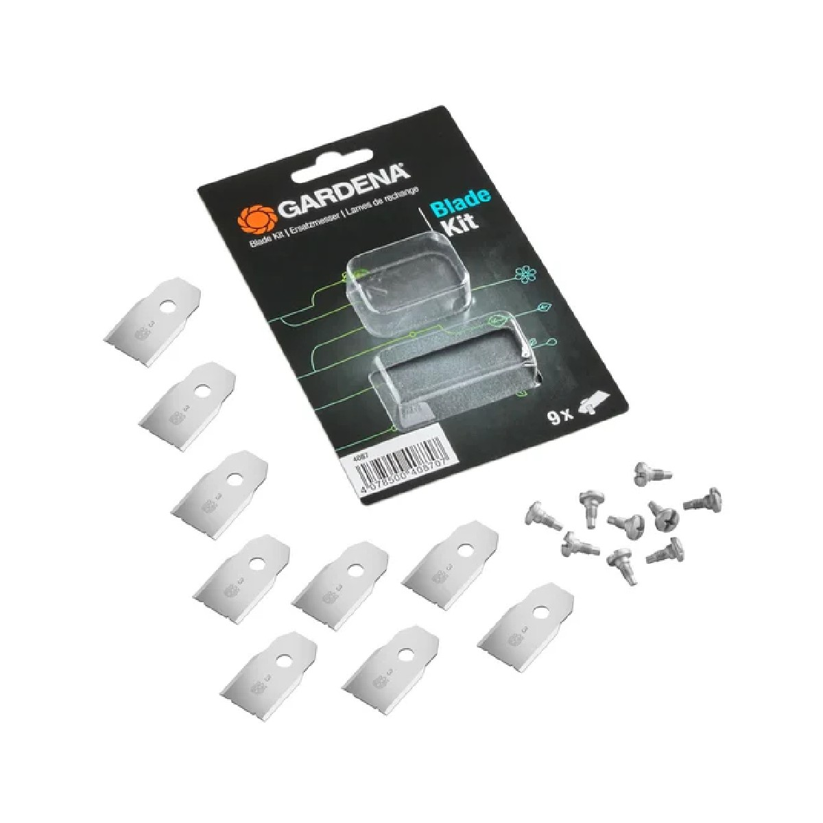 Gardena Ersatzmesser-Set mit 9 Klingen und Schrauben auf schwarzem Karton.