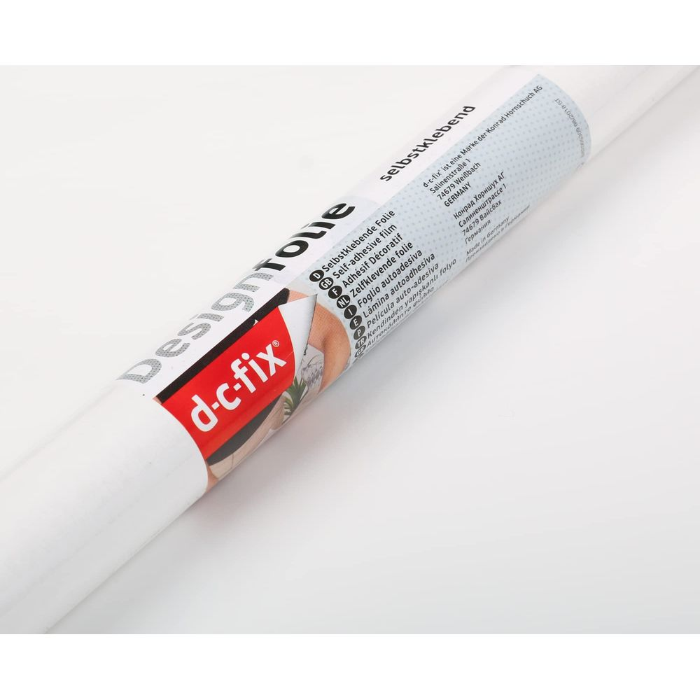 Eine Rolle weißer Design-Folie mit Aufdruck 'd-c-fix' und Produktinformationen.