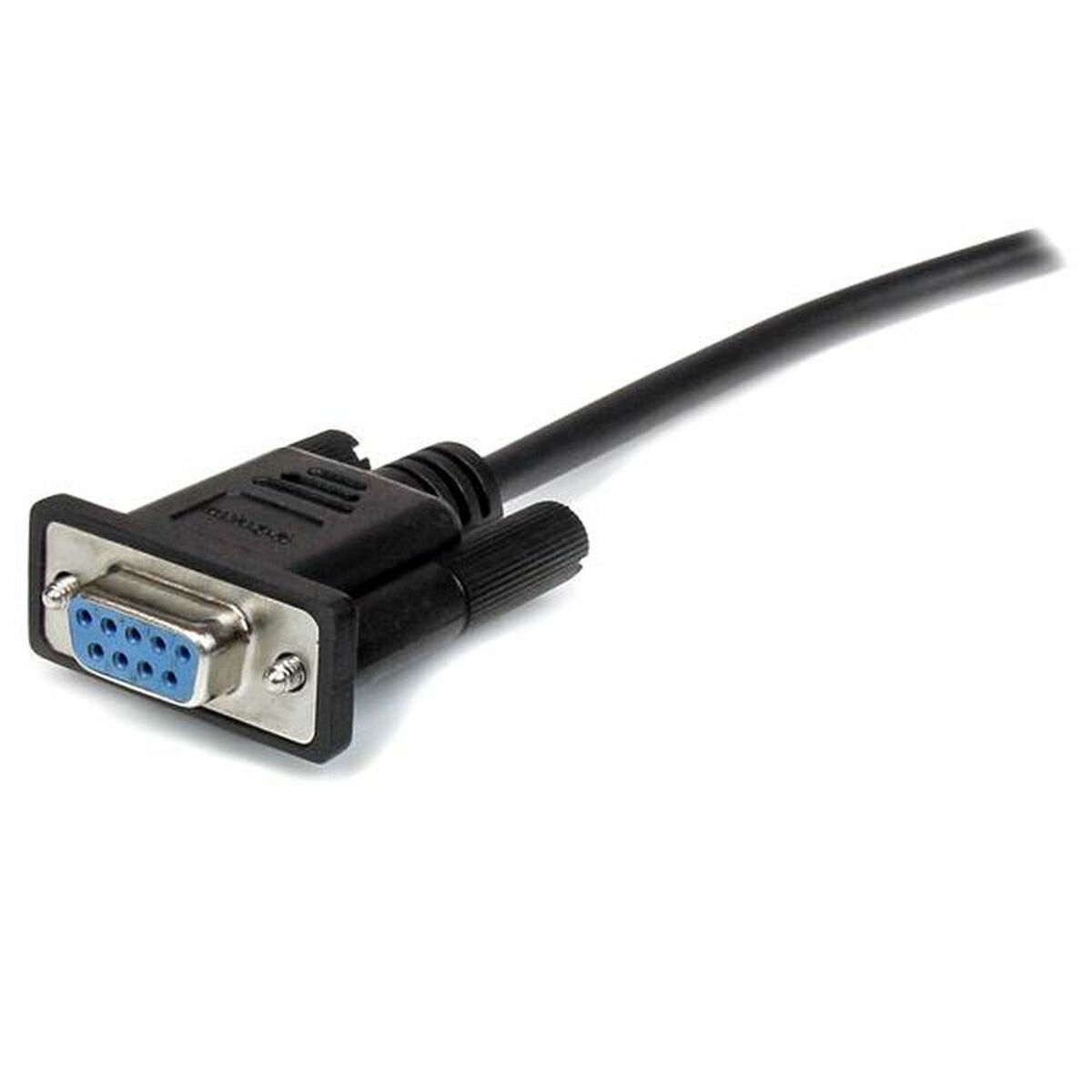 Ein schwarzes serielles Kabel mit einem 9-poligen Stecker und blauen Buchsen.