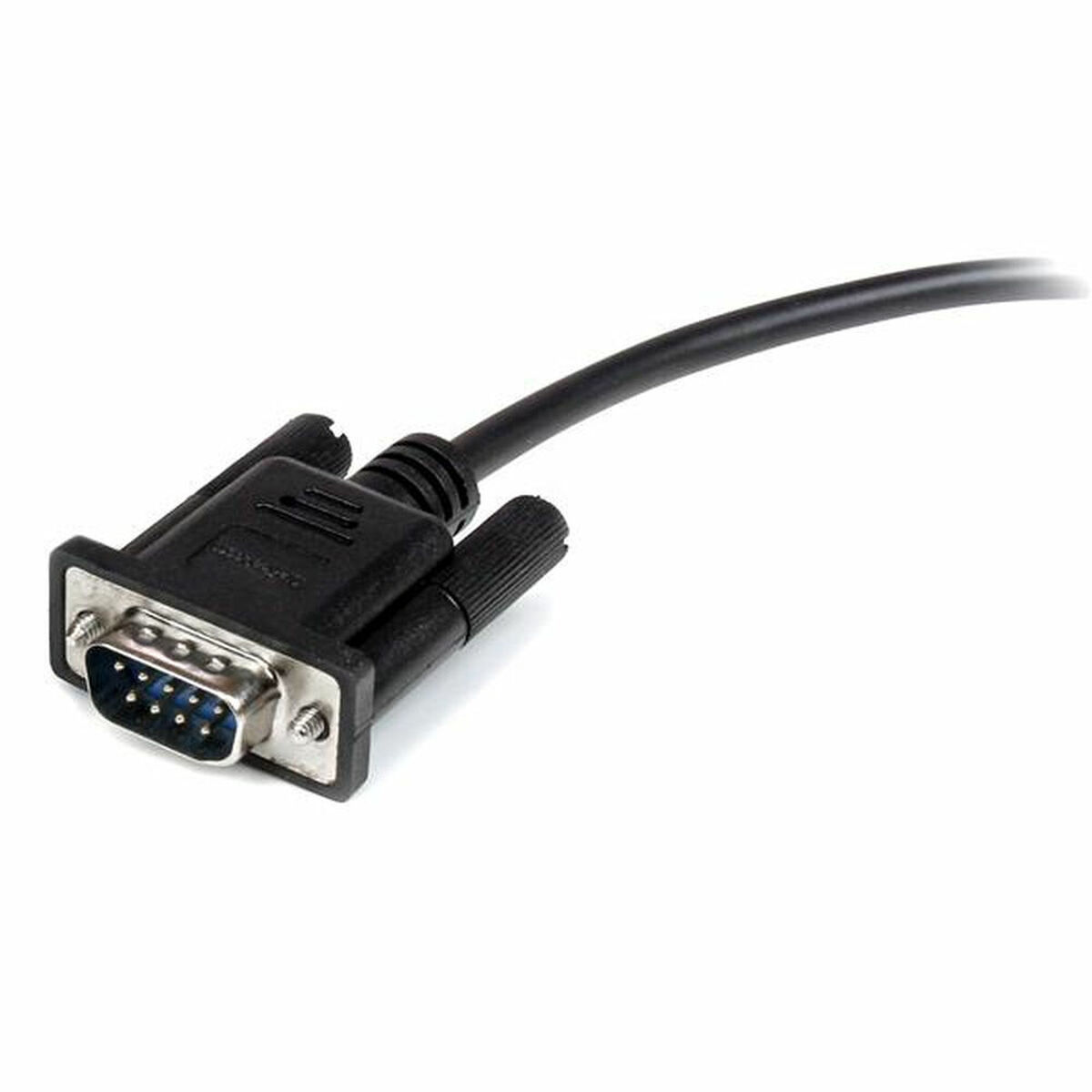Ein schwarzes VGA-Kabel mit einem 9-poligen Stecker. Details sind sichtbar.