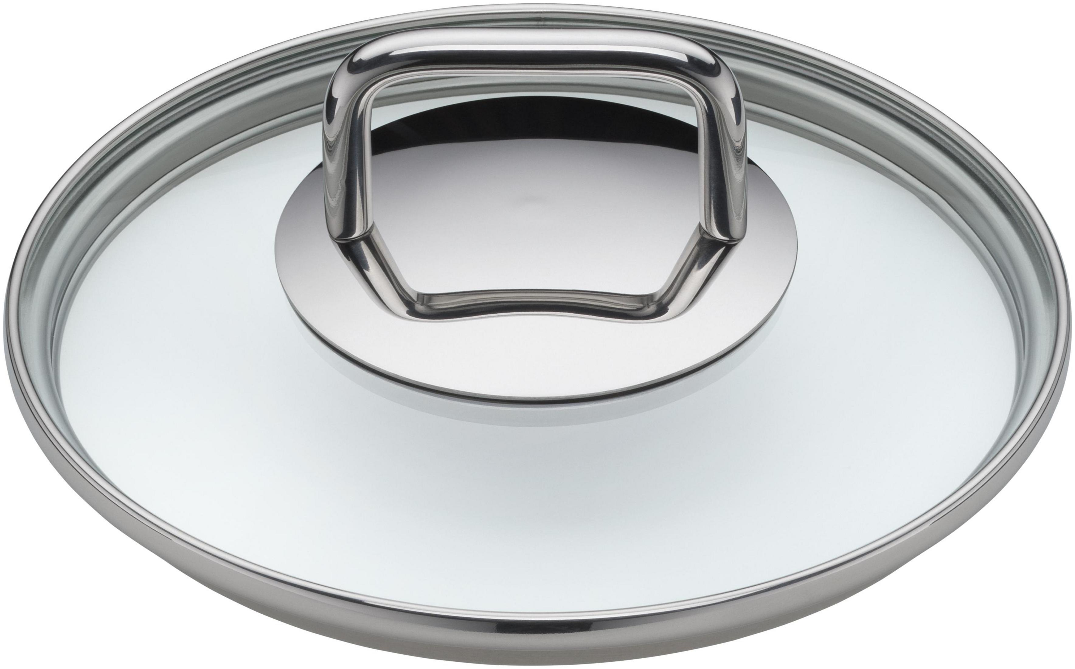 Glasdeckel mit Metallgriff und silbernem Rand.